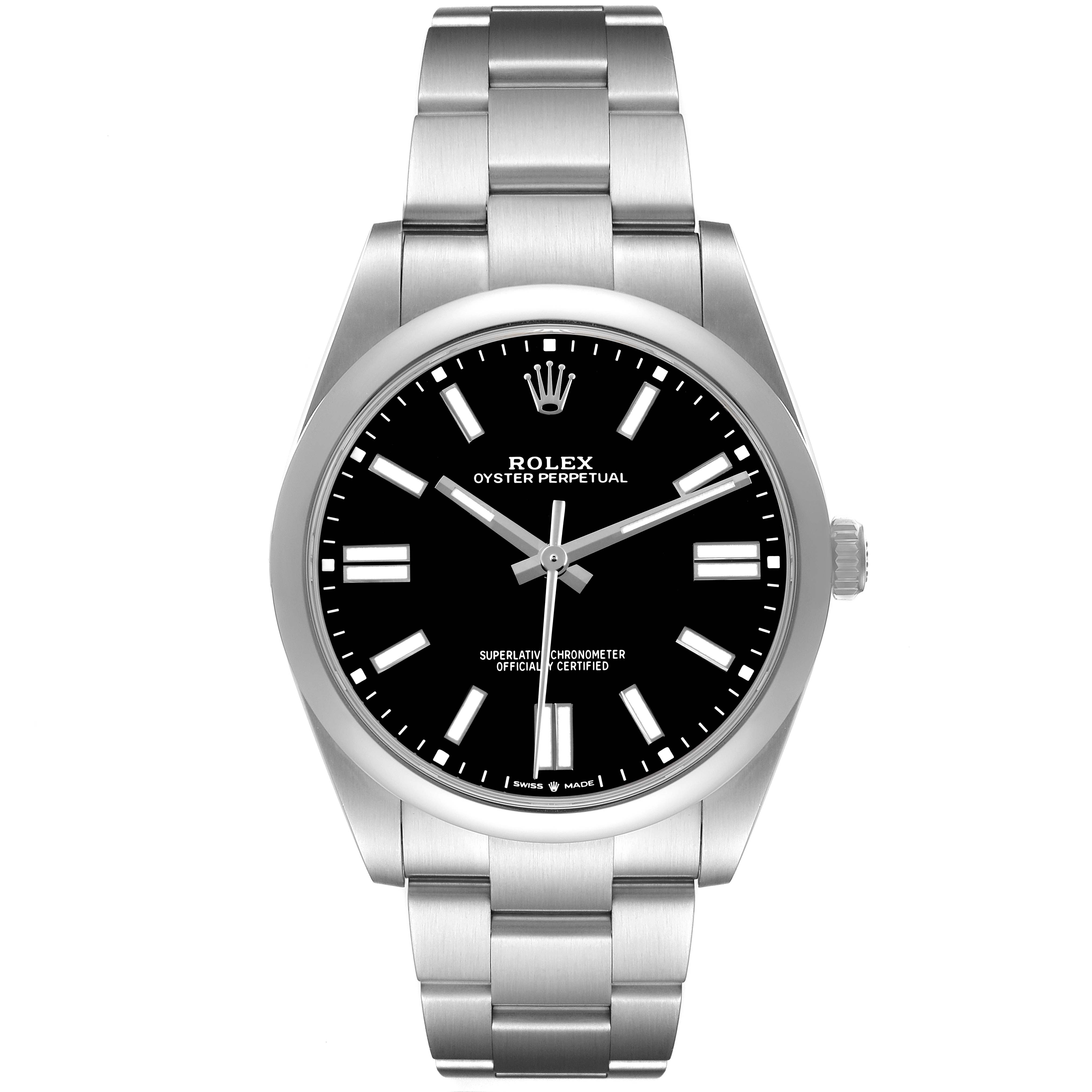 The Rolex Oyster Perpetual M124300-0002 Men's Stainless Steel Black Dial is shown from a front angle, highlighting the black dial and stainless steel bracelet.