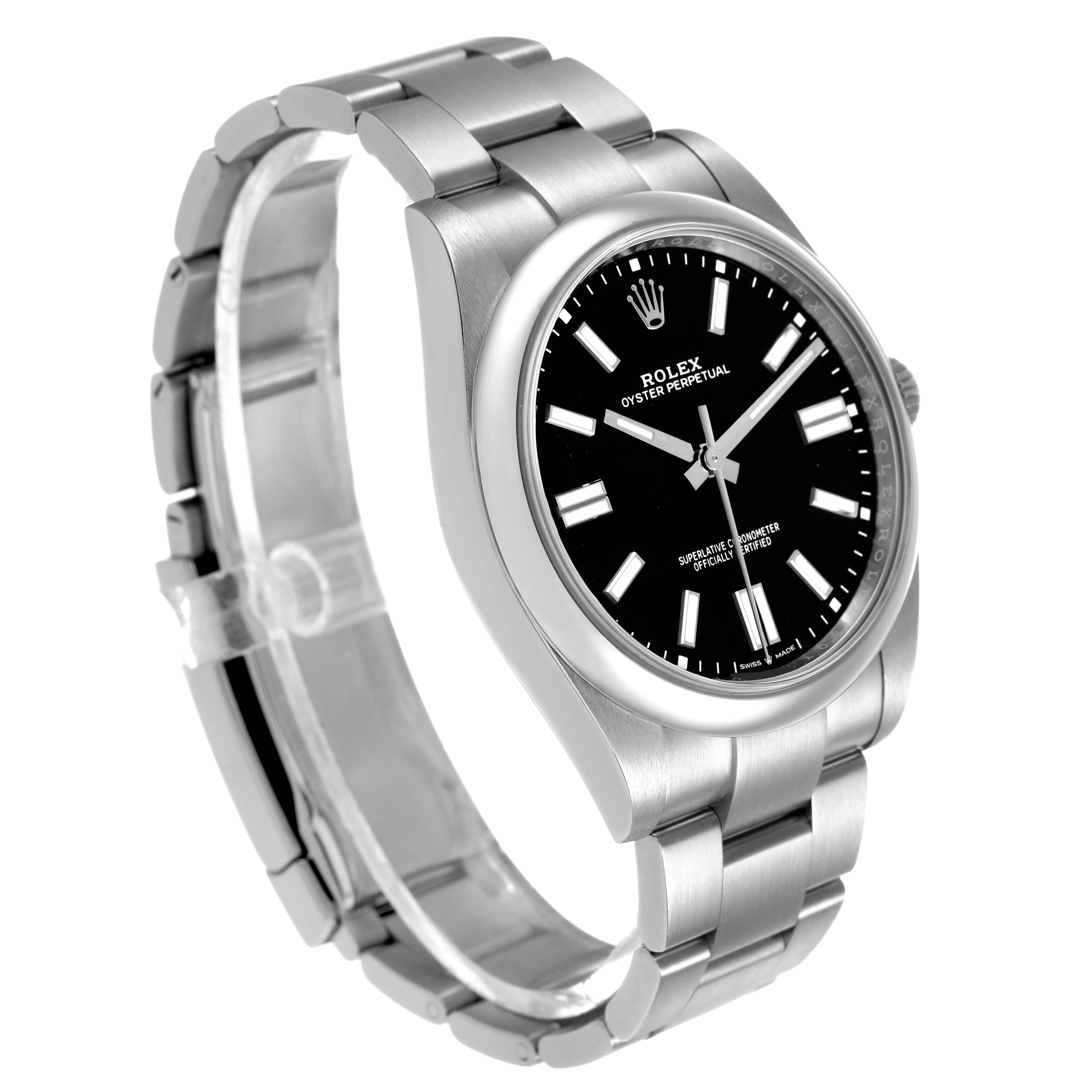 The Rolex Oyster Perpetual M124300-0002 Men's Stainless Steel Black Dial watch is shown at a slight angle, displaying the face, bezel, and part of the bracelet.