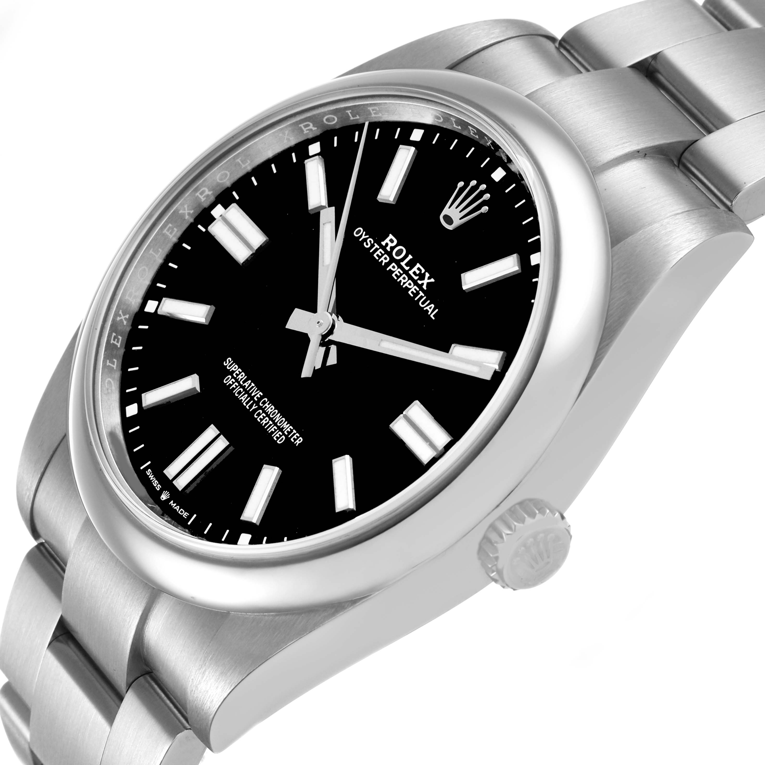 The Rolex Oyster Perpetual M124300-0002 Men's Stainless Steel Black Dial watch is shown at an angle highlighting the face, crown, and part of the bracelet.