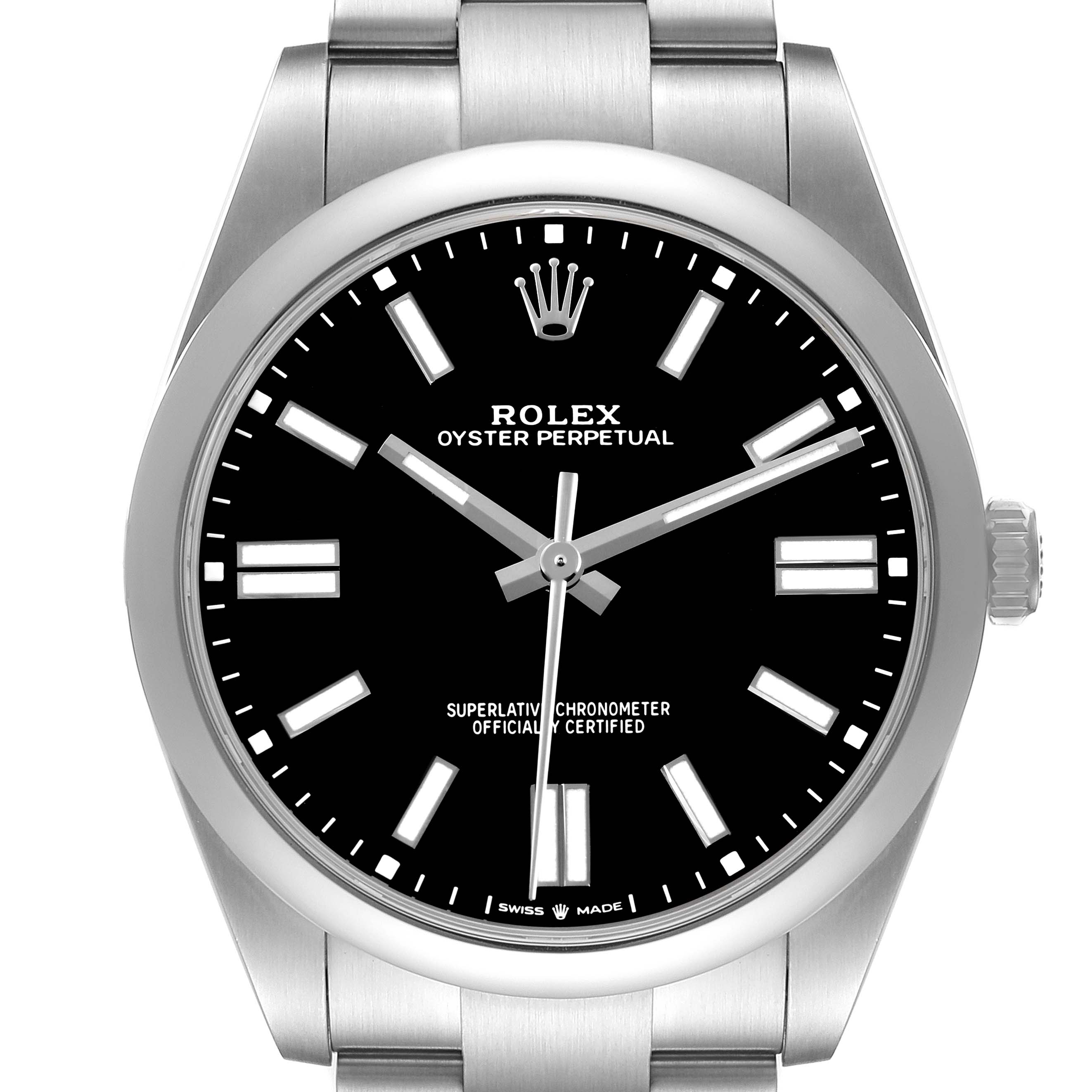 The Rolex Oyster Perpetual M124300-0002 Men's Stainless Steel Black Dial watch is shown from a front angle displaying the face, bezel, dial, and part of the bracelet.