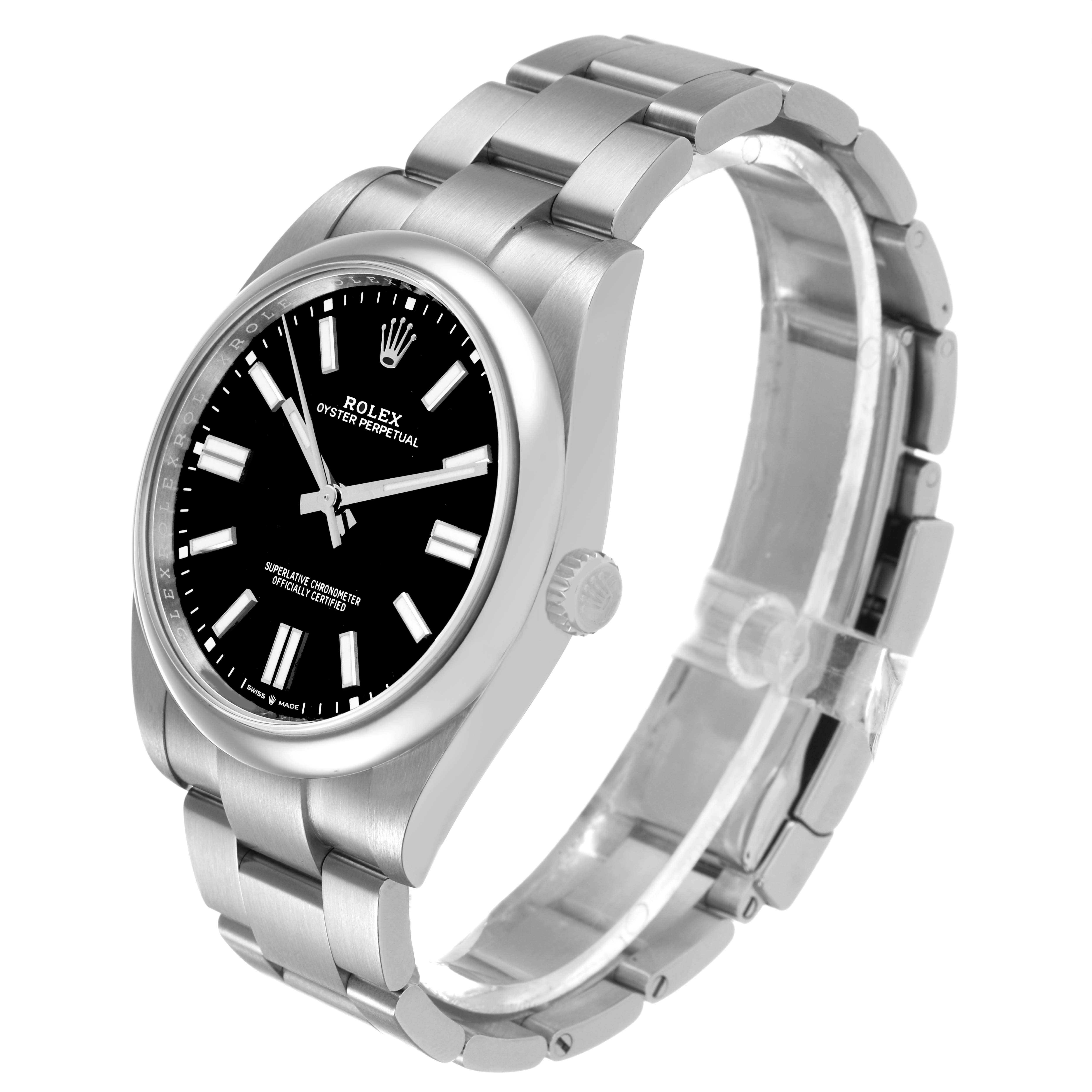 The Rolex Oyster Perpetual M124300-0002 Men's Stainless Steel Black Dial watch is shown at a three-quarter angle, highlighting the dial, bezel, crown, and bracelet.