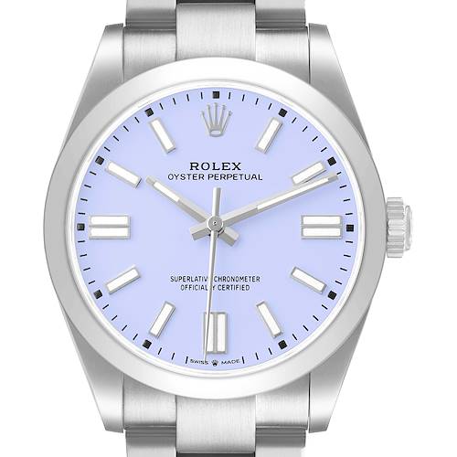 The Rolex Oyster Perpetual 134300 Men's Stainless Steel Purple Dial watch is shown from a front angle, highlighting its dial, crown, and strap.