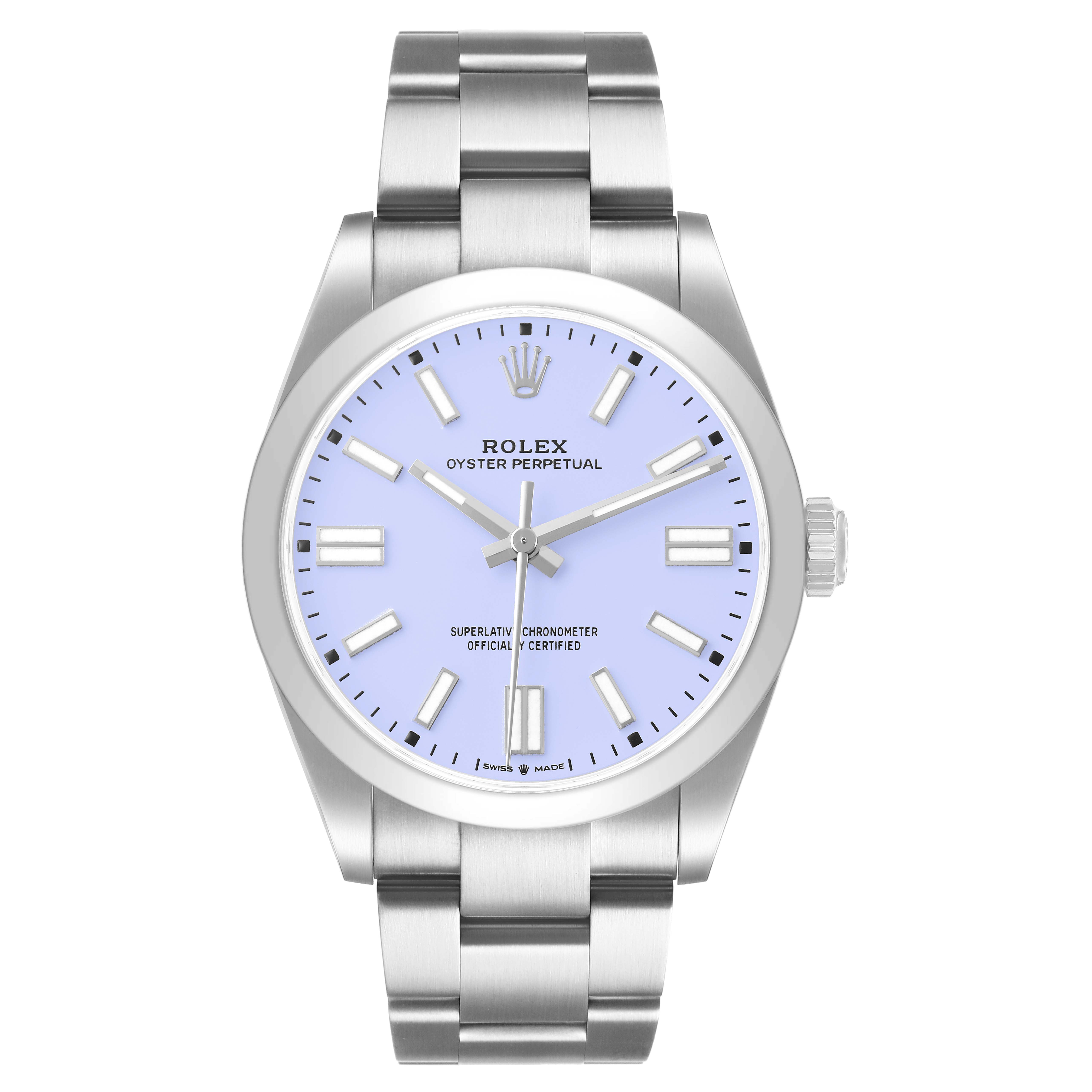 The Rolex Oyster Perpetual 134300 Men's Stainless Steel Purple Dial watch is shown from a front angle, displaying the dial, case, bezel, and bracelet.