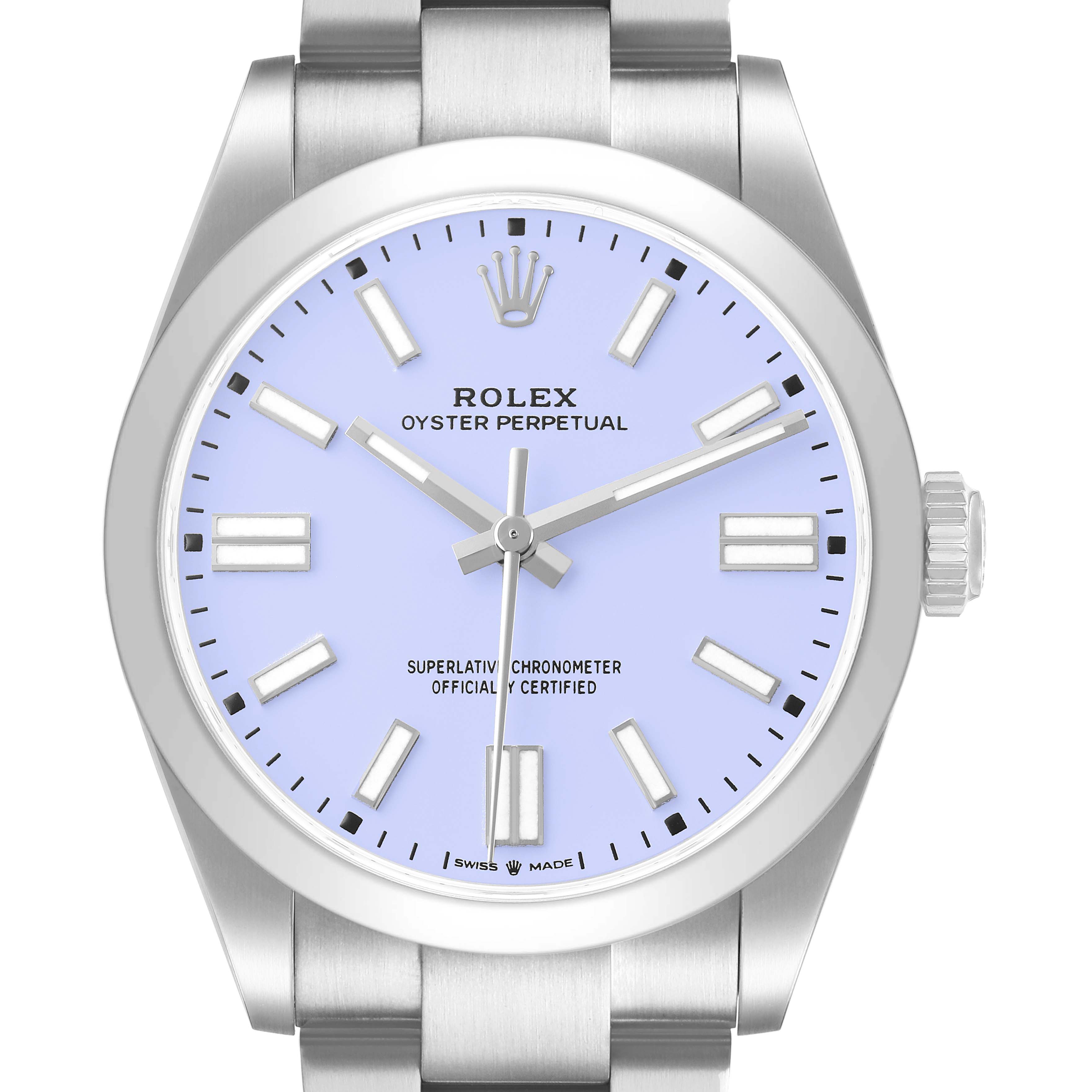 The Rolex Oyster Perpetual 134300 Men's Stainless Steel Purple Dial watch is shown from the front, displaying its light blue dial, hour markers, and the crown on the side.
