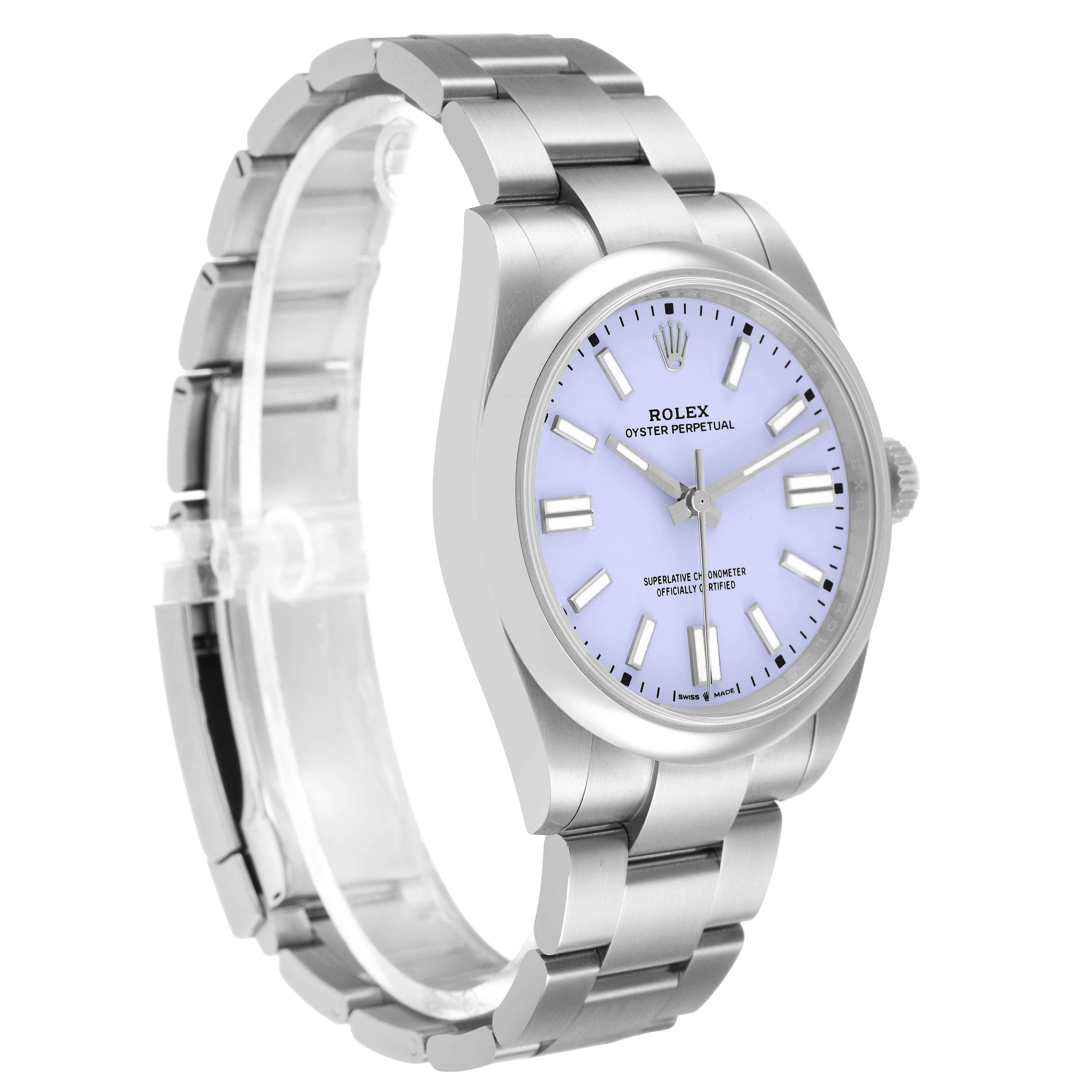 The Rolex Oyster Perpetual 134300 Men's Stainless Steel Purple Dial watch is shown at a three-quarter angle, highlighting the dial, case, and bracelet.