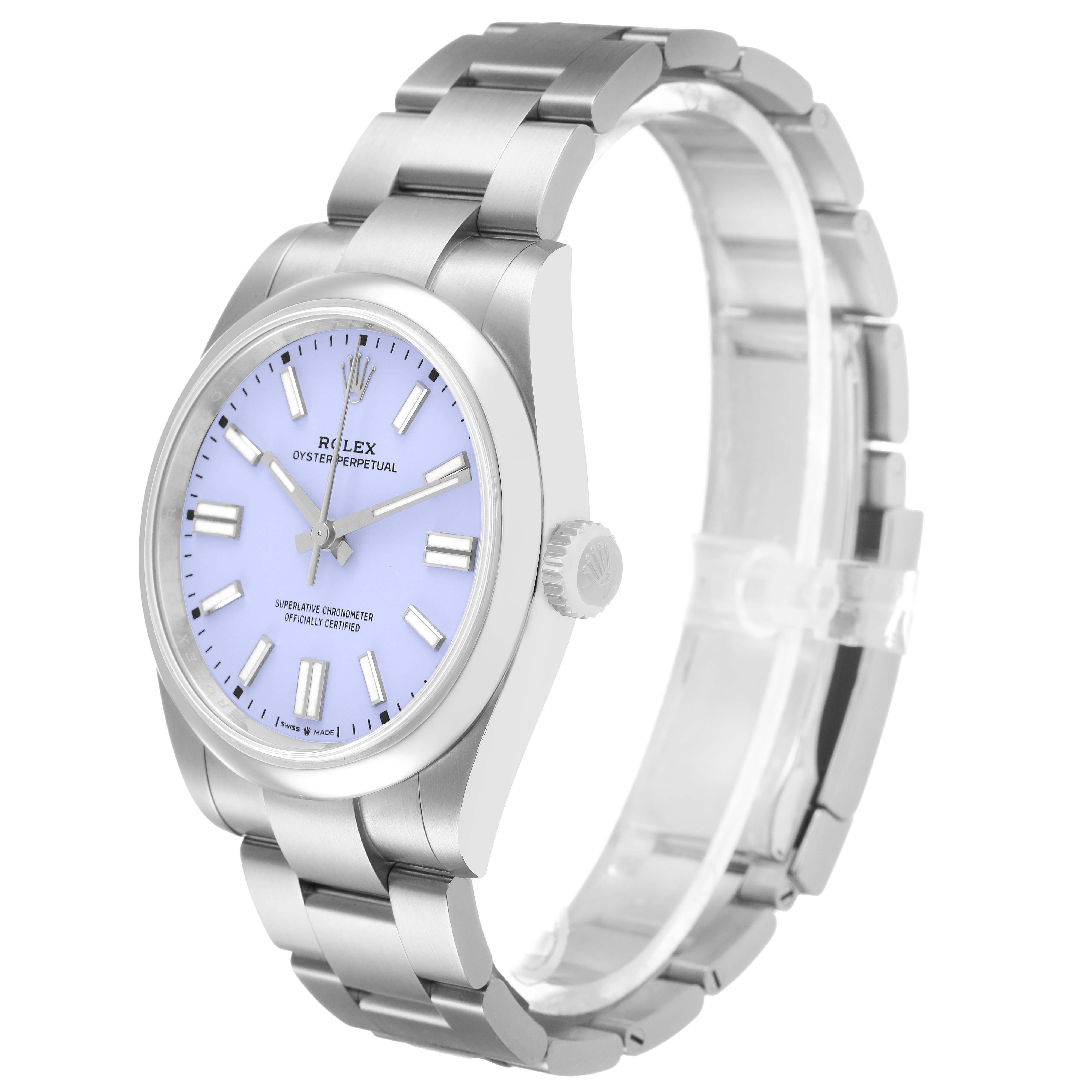 The Rolex Oyster Perpetual 134300 Men's Stainless Steel Purple Dial watch is shown at a three-quarter angle, highlighting the face, bezel, bracelet, and crown.