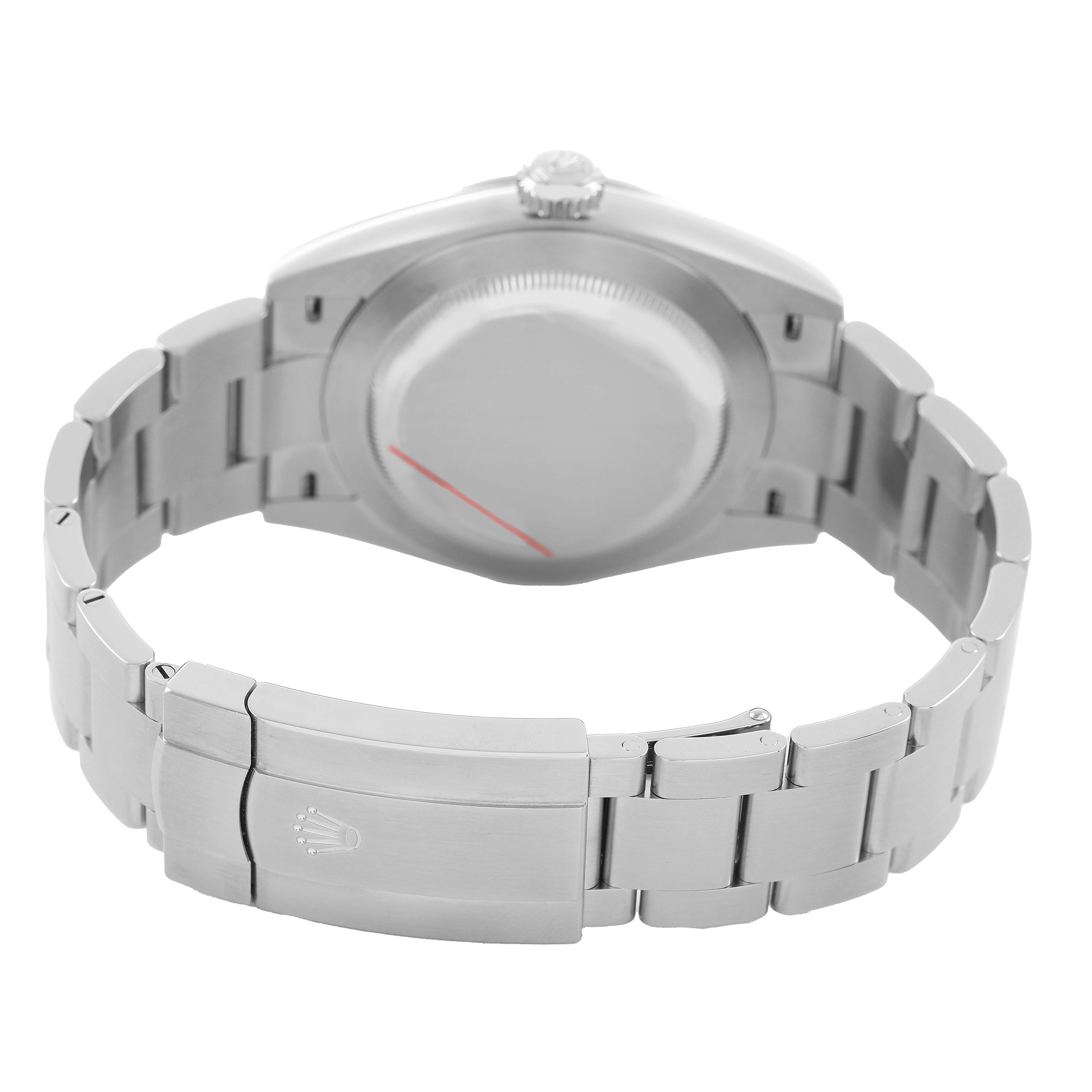 The Rolex Oyster Perpetual 134300 Men's Stainless Steel Purple Dial watch is shown from the back, highlighting the case back and stainless steel bracelet.