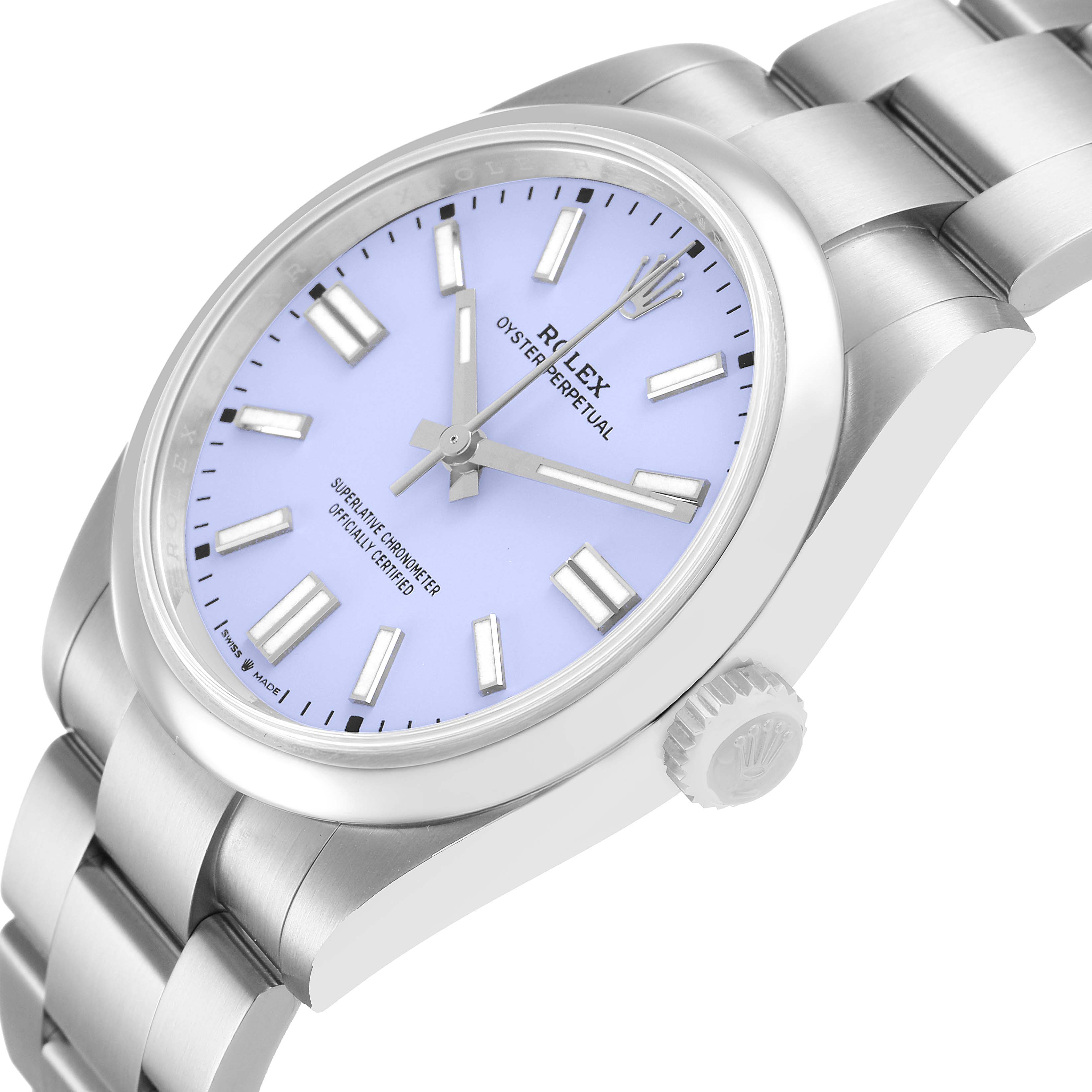 The image shows a Rolex Oyster Perpetual 134300 Men's Stainless Steel Purple Dial watch angled to display the dial, bezel, crown, and bracelet.