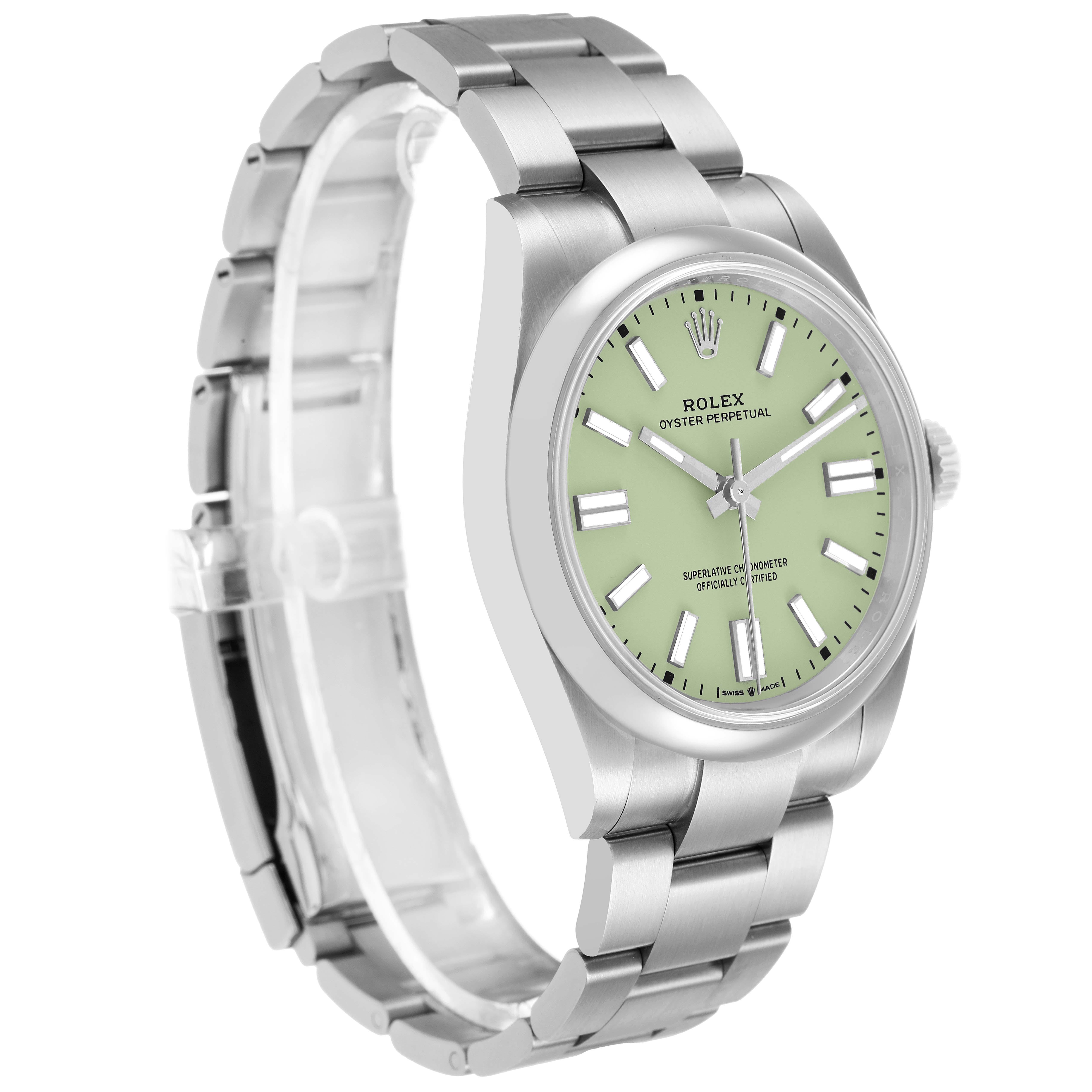 The Rolex Oyster Perpetual 134300 Men's Stainless Steel Green Dial watch is shown at a three-quarter angle, highlighting the face, bracelet, and case.
