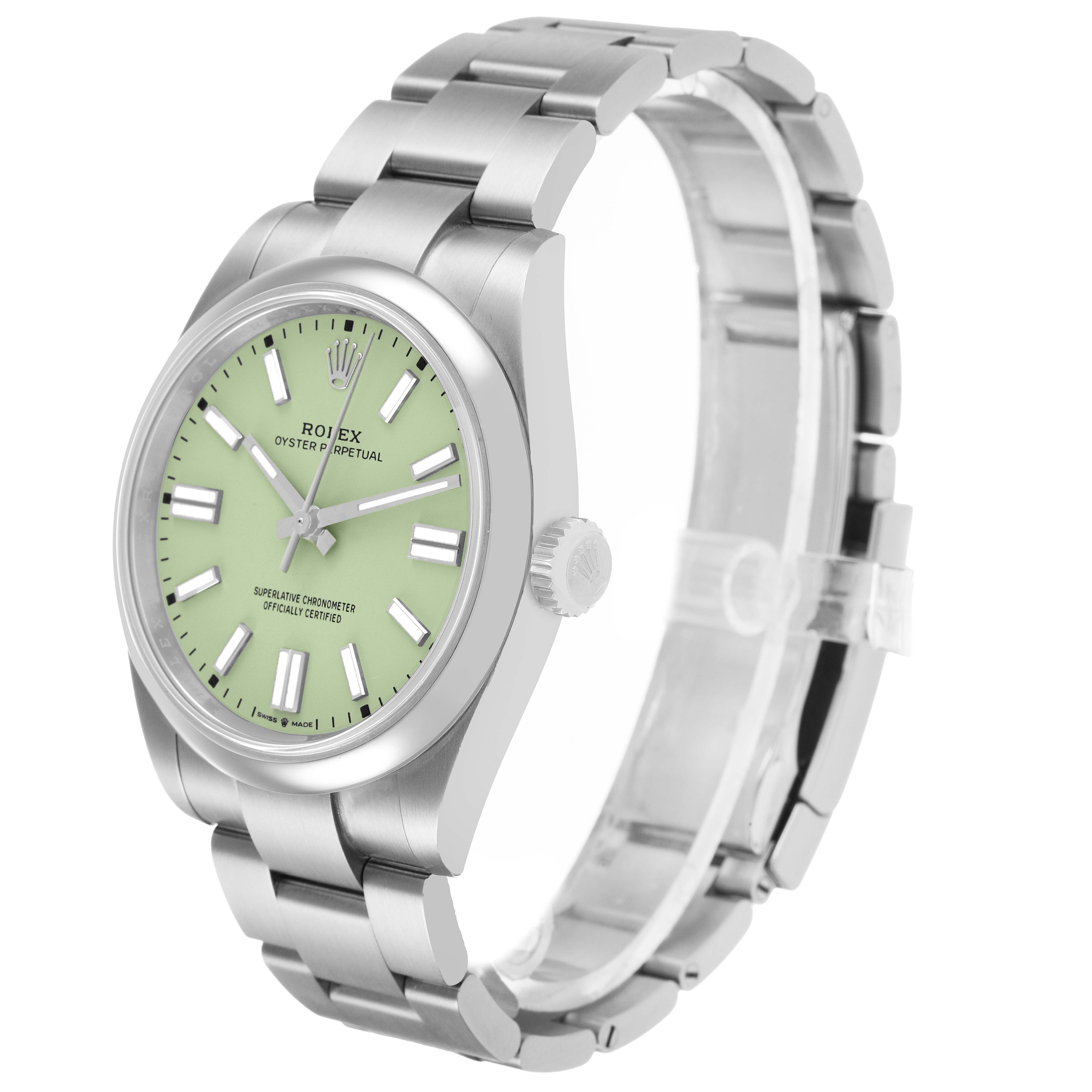 The Rolex Oyster Perpetual 134300 Men's Stainless Steel Green Dial watch is shown at a three-quarter angle, displaying the face, case, crown, bracelet, and clasp.