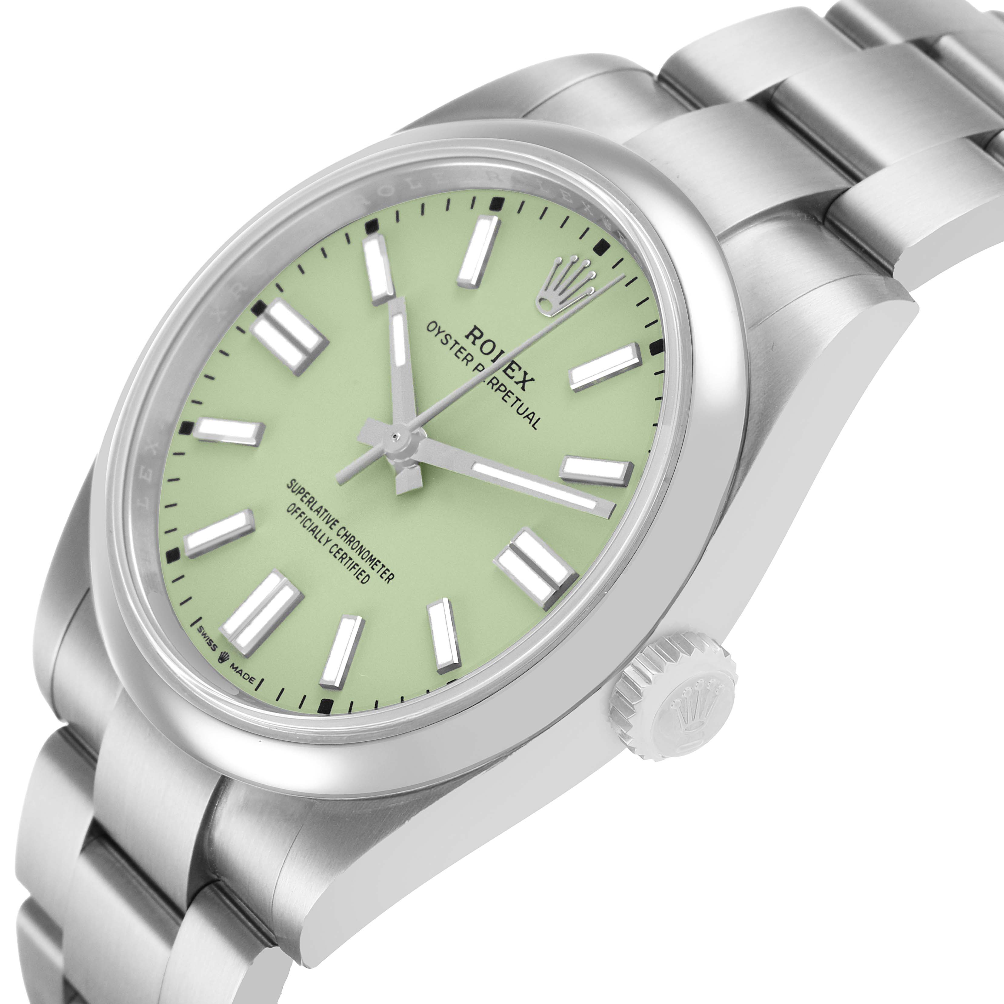 The Rolex Oyster Perpetual 134300 Men's Stainless Steel Green Dial watch is shown at a slight angle, highlighting the green dial, bezel, crown, and bracelet.