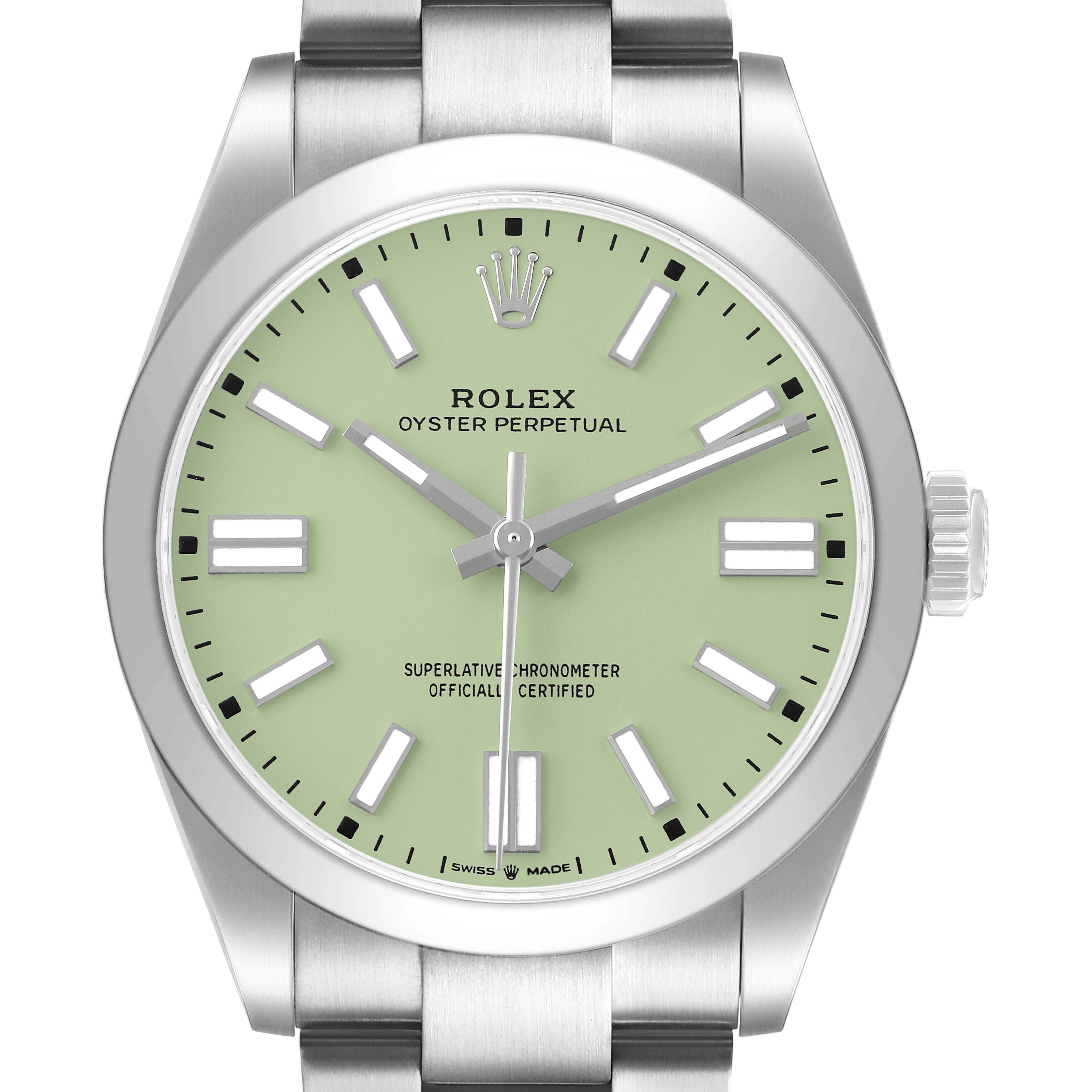 The image shows a front view of the Rolex Oyster Perpetual 134300 Men's Stainless Steel Green Dial watch, highlighting the green dial, markers, and crown.