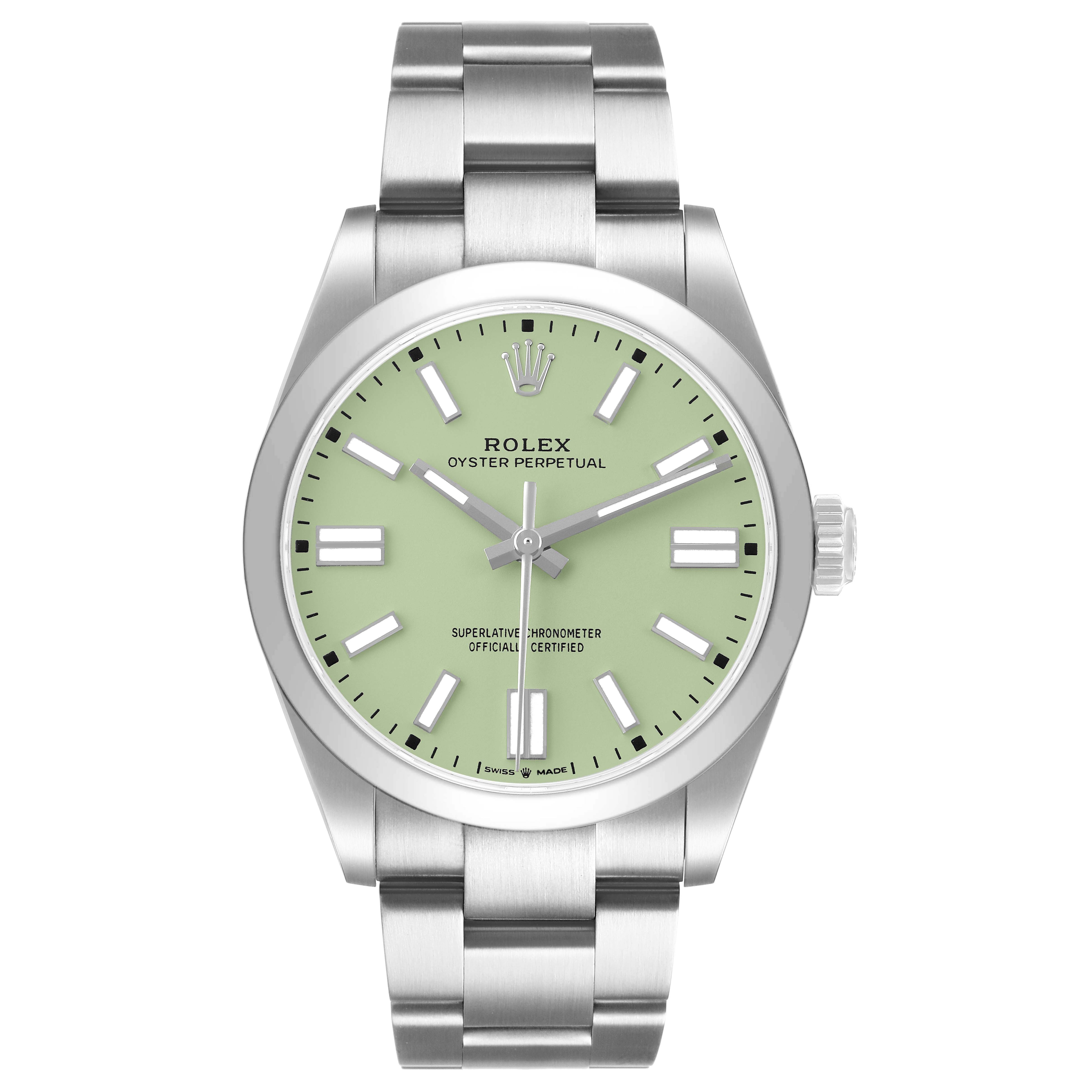 The Rolex Oyster Perpetual 134300 Men's Stainless Steel Green Dial watch is shown from the front, displaying the face, bezel, and bracelet.