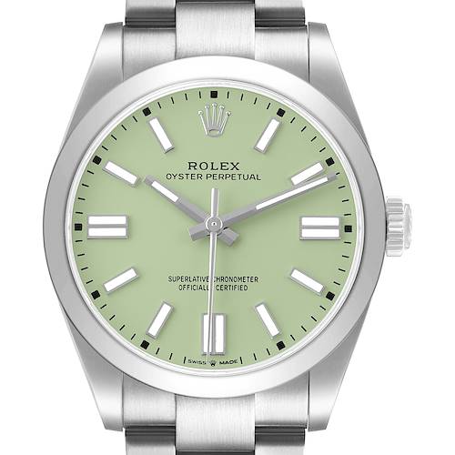 The image shows a front view of the Rolex Oyster Perpetual 134300 Men's Stainless Steel Green Dial watch, highlighting the dial, hands, and bracelet.