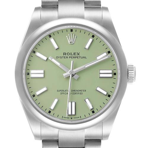 The image shows a front view of a Rolex Oyster Perpetual 134300 Men's Stainless Steel Green Dial watch, highlighting the dial and part of the bracelet.