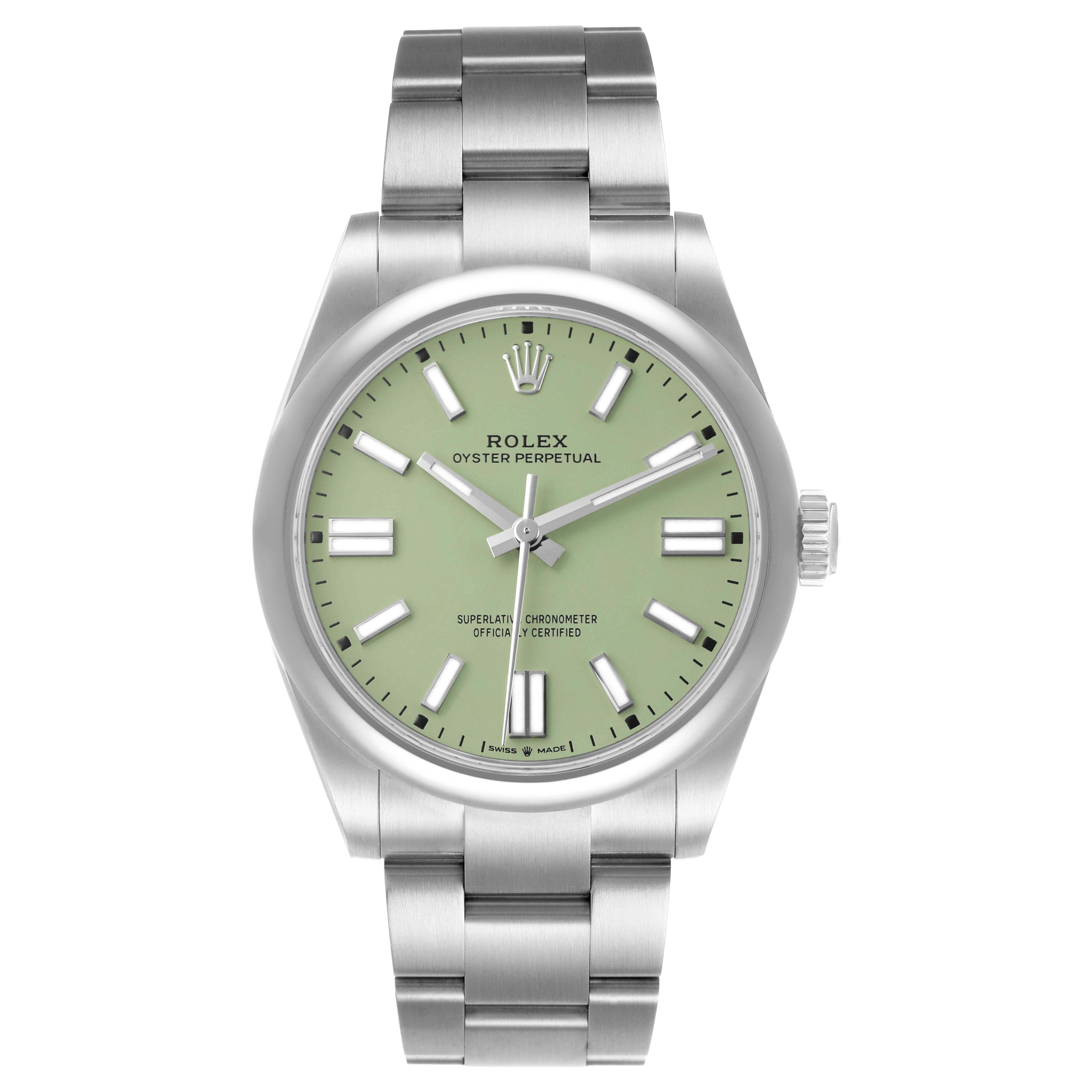 The Rolex Oyster Perpetual 134300 Men's Stainless Steel Green Dial watch is shown from a front view, displaying its face, bezel, and stainless steel bracelet.
