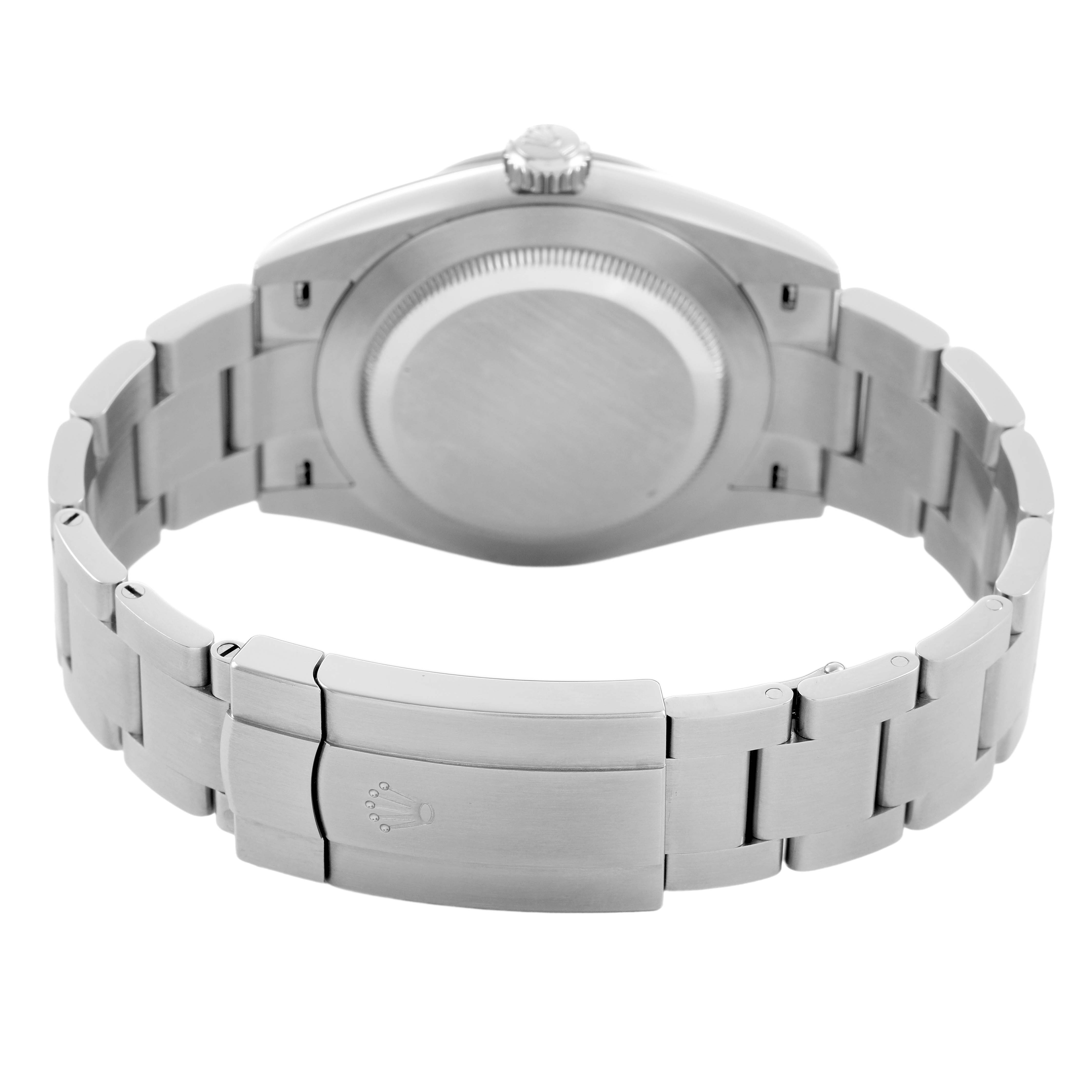 The image shows the back case and bracelet clasp of a Rolex Oyster Perpetual 134300 Men's Stainless Steel Green Dial watch from a rear angle.