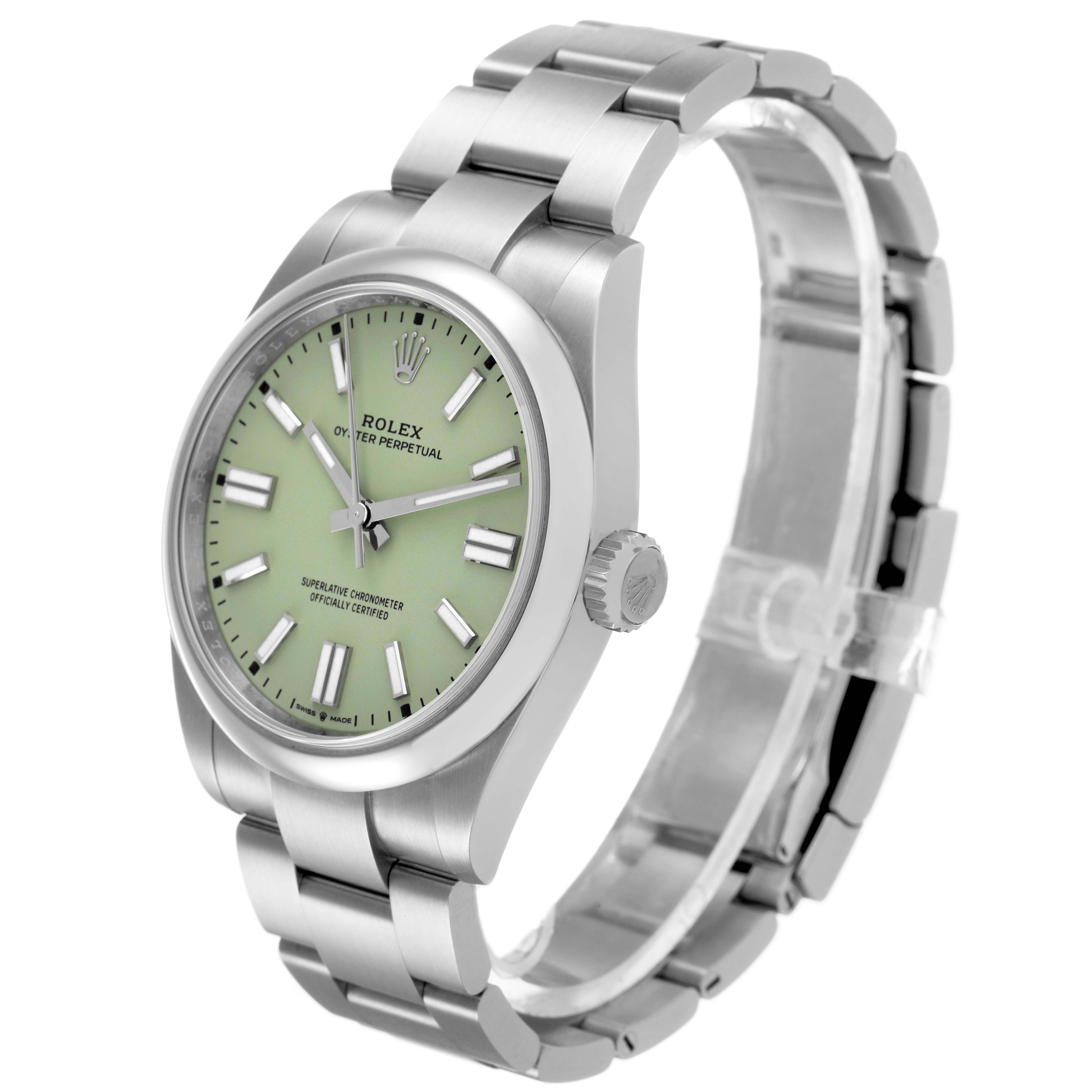 The Rolex Oyster Perpetual 134300 Men's Stainless Steel Green Dial watch is shown at an angled side view, highlighting the dial, markers, and bracelet.
