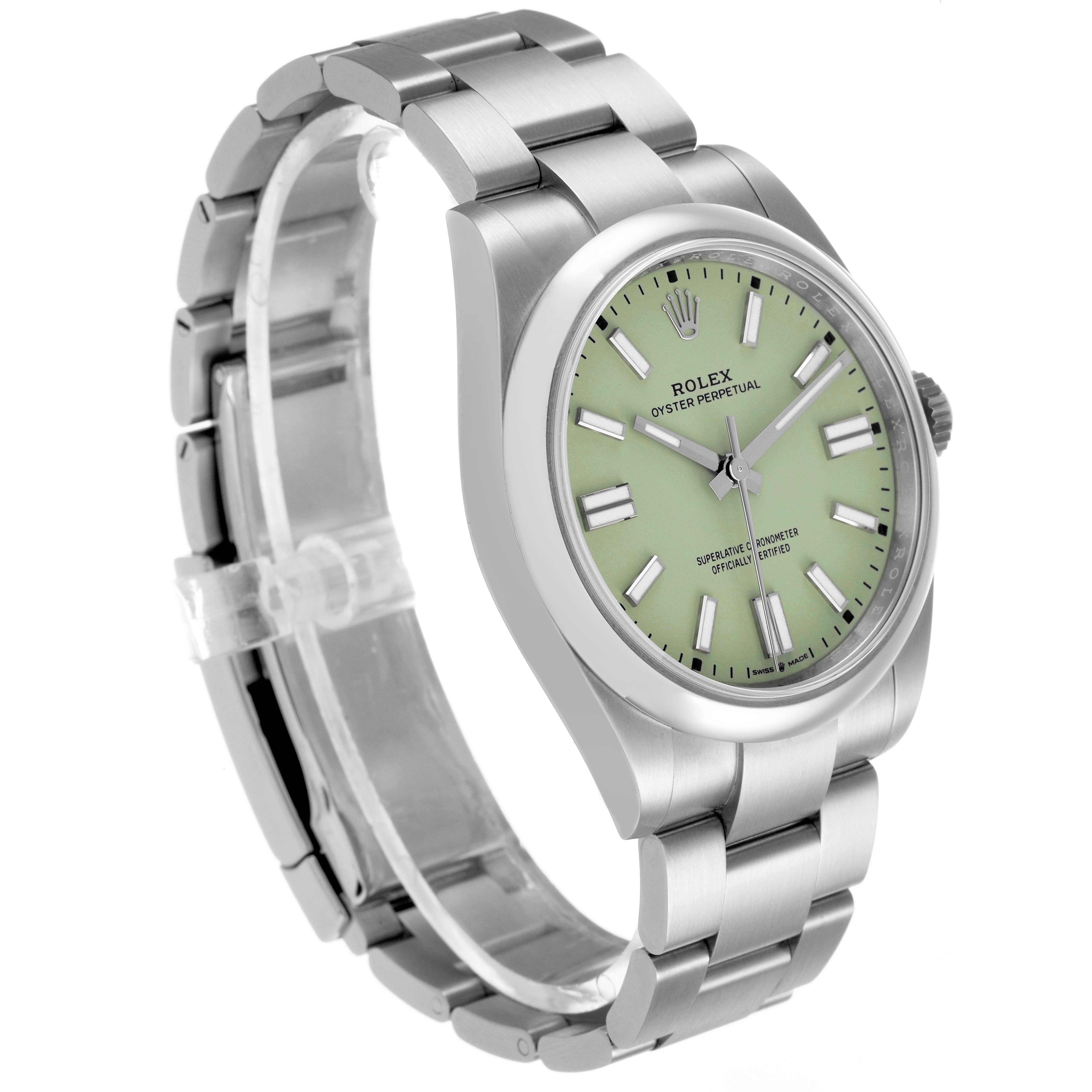The Rolex Oyster Perpetual 134300 Men's Stainless Steel Green Dial watch is shown at a three-quarter angle, displaying the dial, bezel, case, and bracelet.