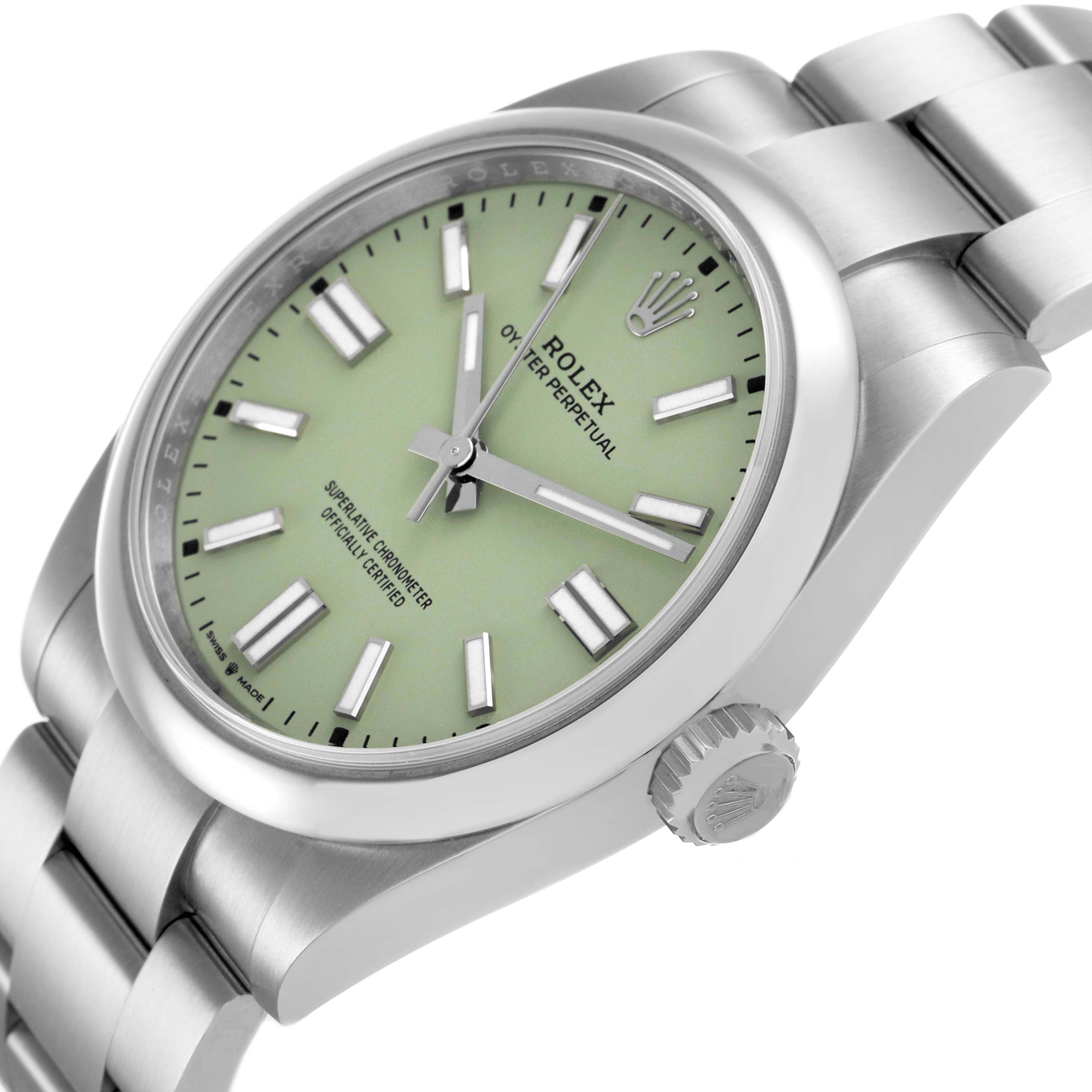 The Rolex Oyster Perpetual 134300 Men's Stainless Steel Green Dial watch is shown at a slight angle, featuring the dial, bezel, crown, and part of the bracelet.
