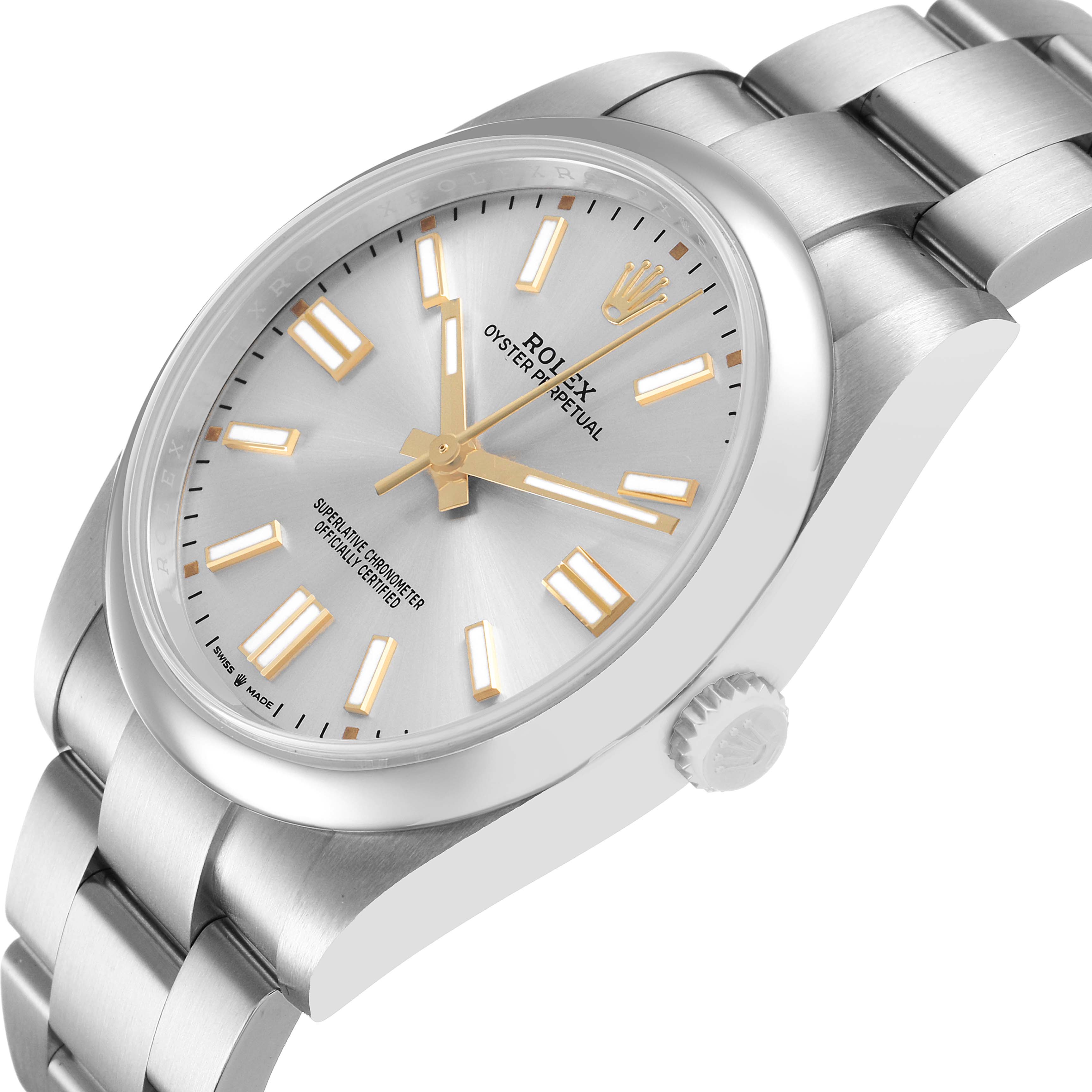 The Rolex Oyster Perpetual 124300 Men's Stainless Steel Silver Dial watch is shown at a tilted angle, highlighting its silver dial, gold markers, and metal bracelet.