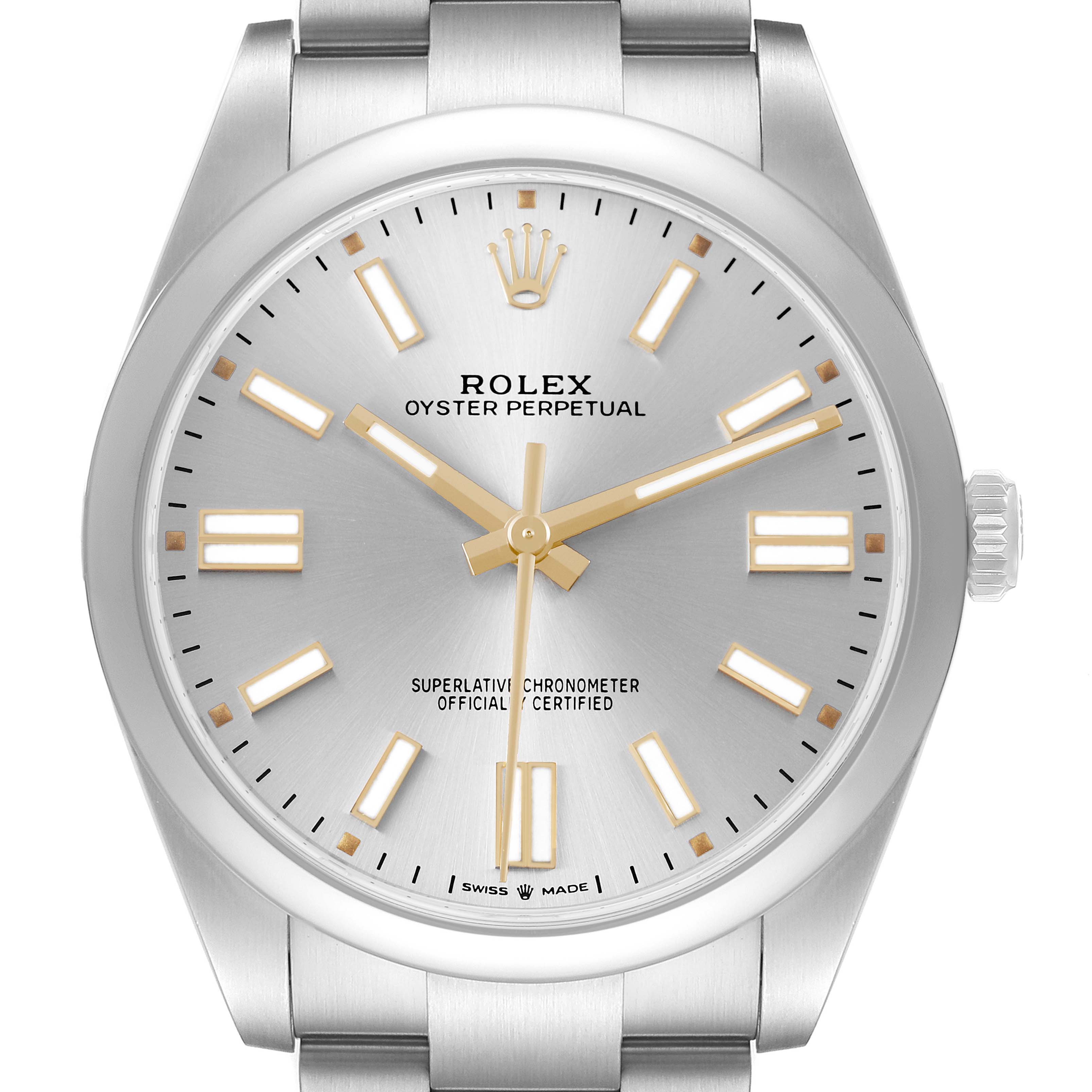 The Rolex Oyster Perpetual 124300 Men's Stainless Steel Silver Dial watch is shown from a front angle, highlighting its dial, hands, and part of the bracelet.