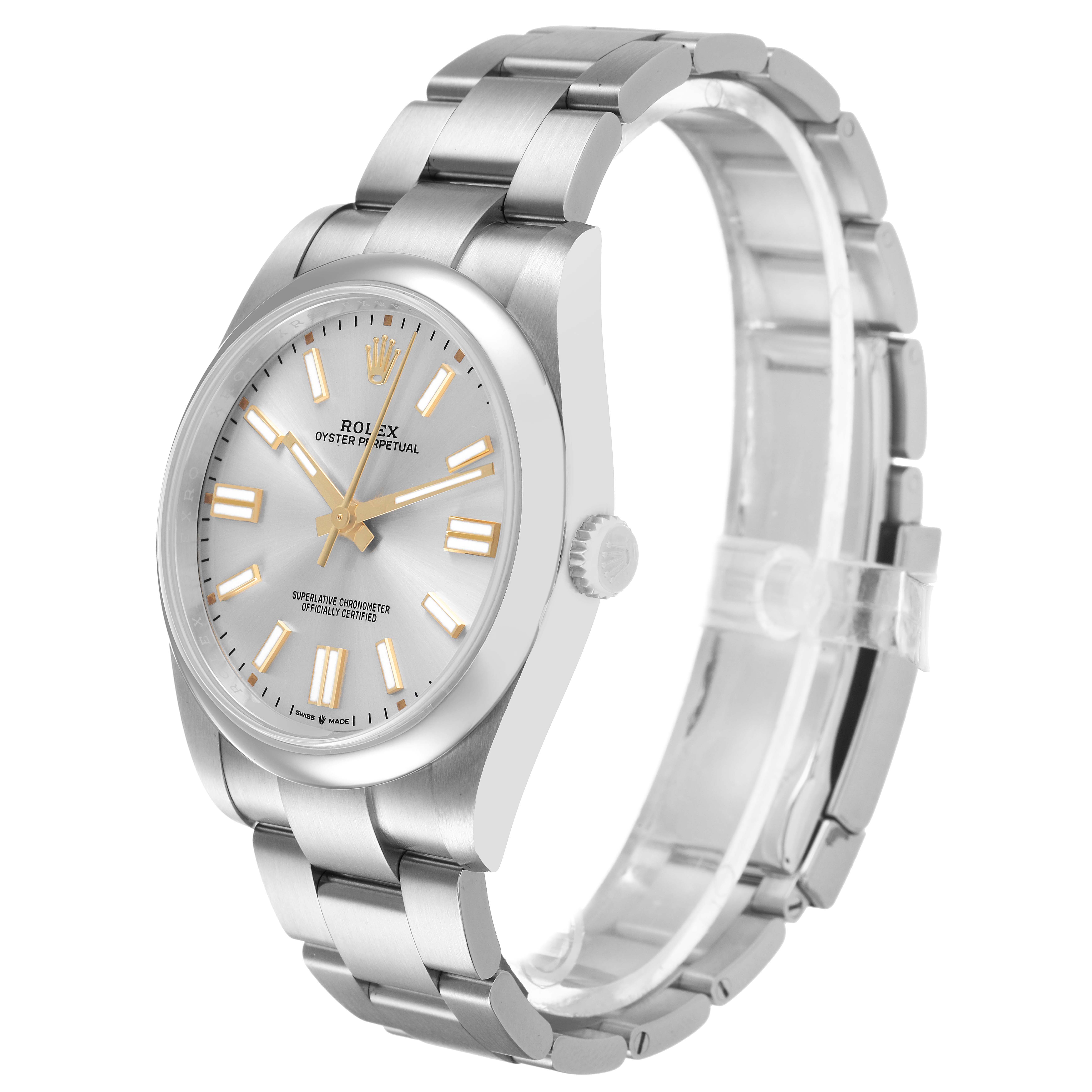 The Rolex Oyster Perpetual 124300 Men's Stainless Steel Silver Dial watch is shown at a three-quarter angle, highlighting the dial, case, crown, and bracelet.