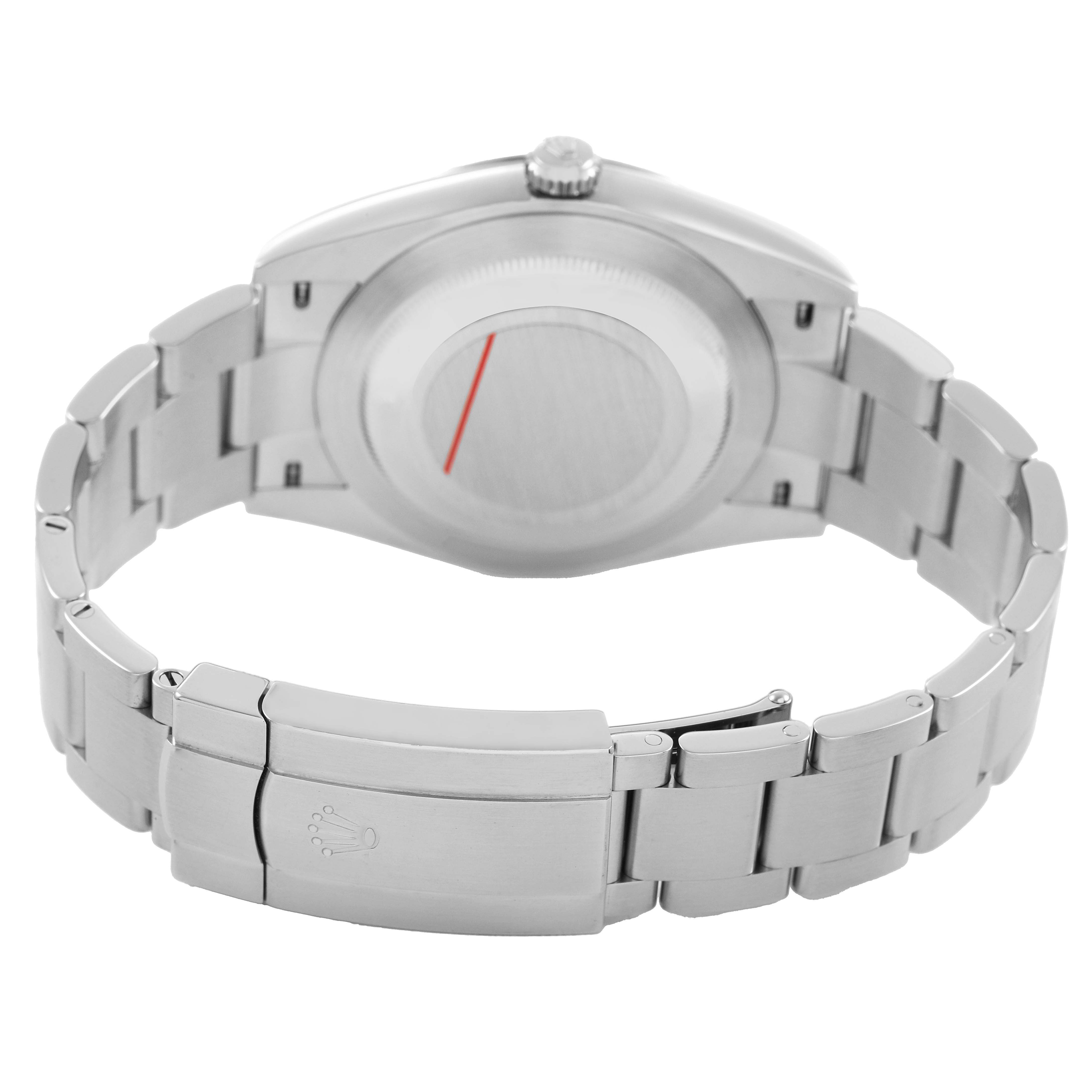 The image shows the back and bracelet of a Rolex Oyster Perpetual 124300 Men's Stainless Steel Silver Dial watch, focusing on the clasp and case back.
