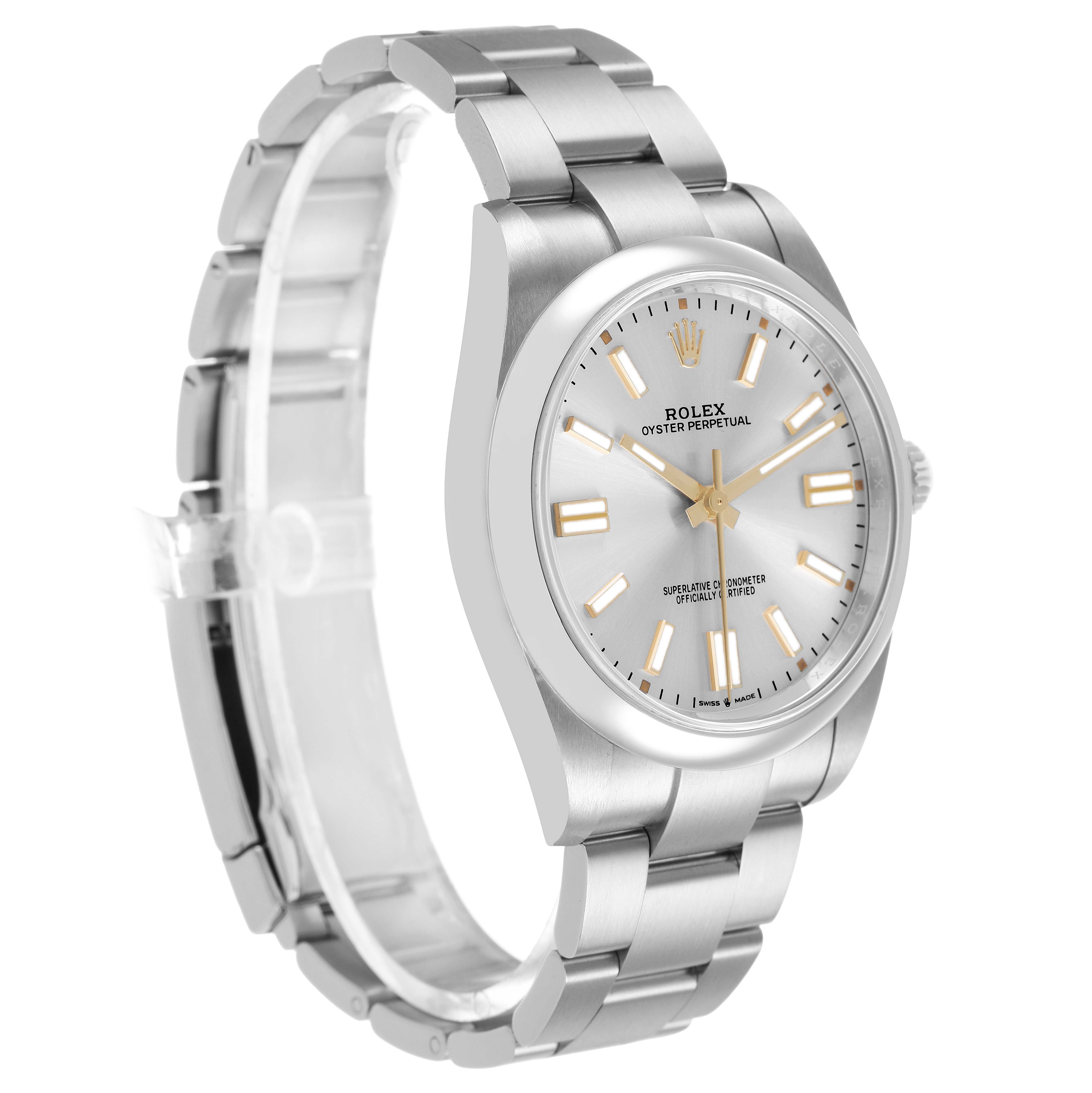 The Rolex Oyster Perpetual 124300 Men's Stainless Steel Silver Dial is shown at a three-quarter angle, highlighting the face, bezel, and bracelet.
