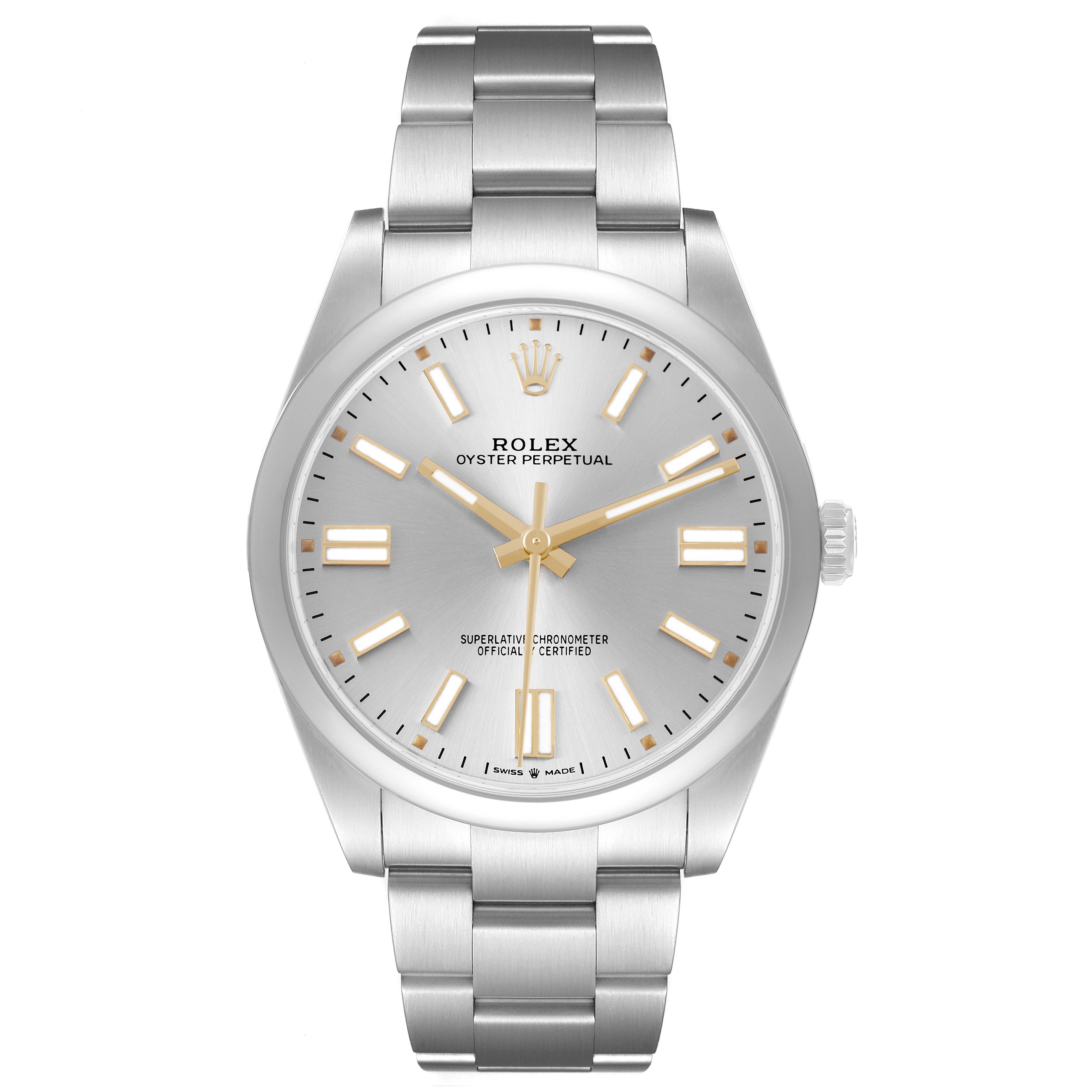 The Rolex Oyster Perpetual 124300 Men's Stainless Steel Silver Dial watch is shown from the front, displaying its dial, bracelet, and crown.