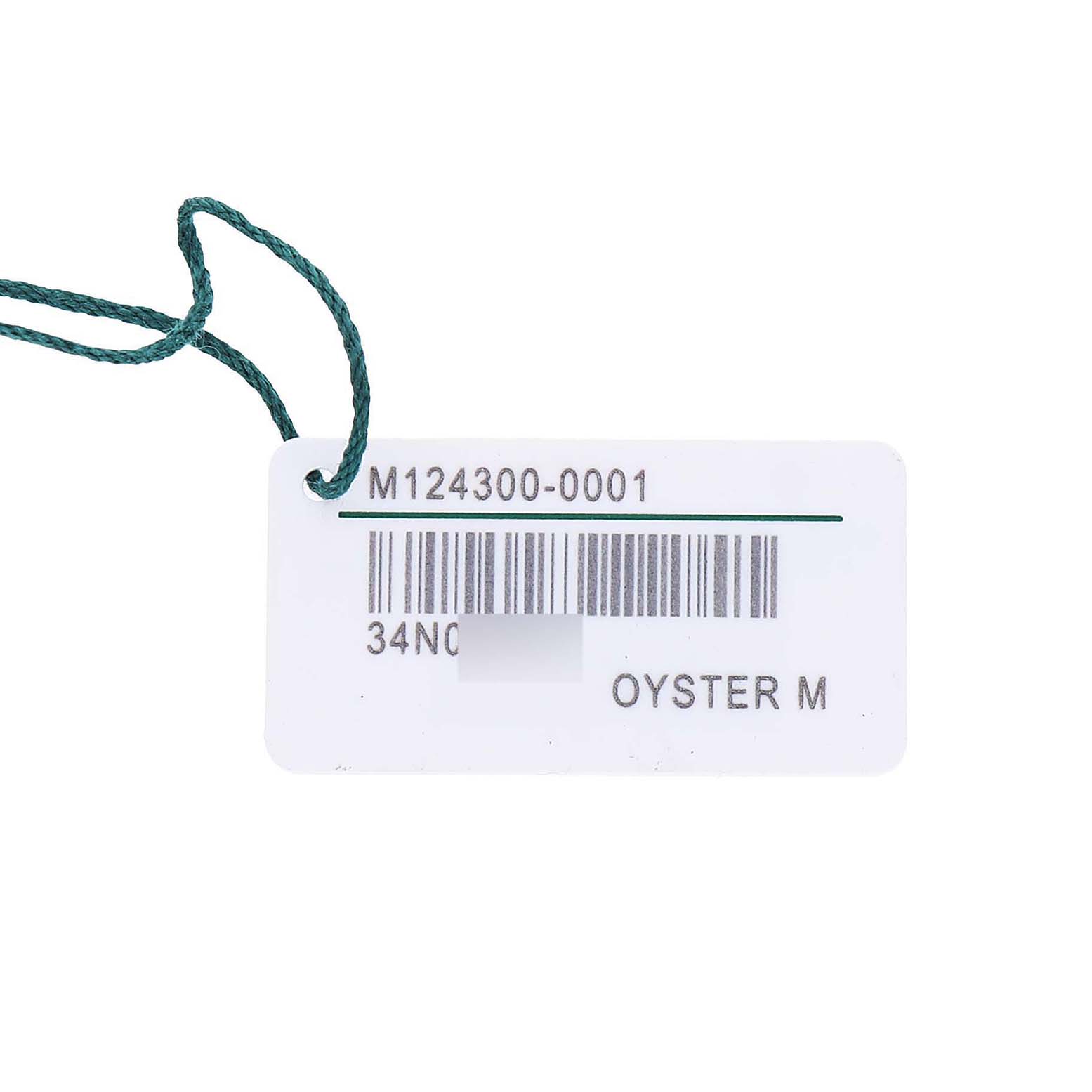 The image shows a tag for a Rolex Oyster Perpetual 124300 Men's Stainless Steel Silver Dial watch with the model number M124300-0001.
