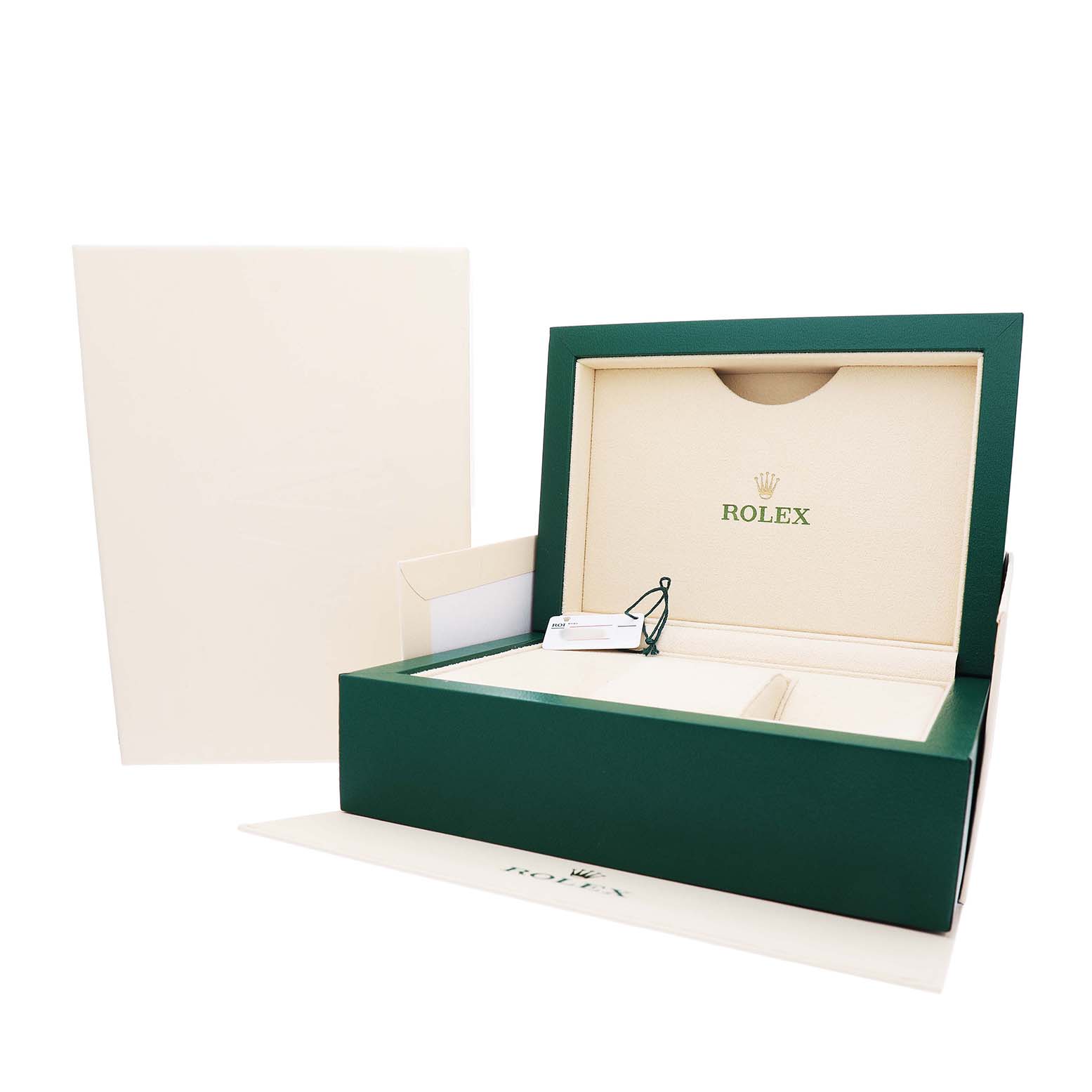 The image shows an open Rolex Oyster Perpetual 124300 Men's Stainless Steel Silver Dial box at an angle, displaying its interior and accessories.