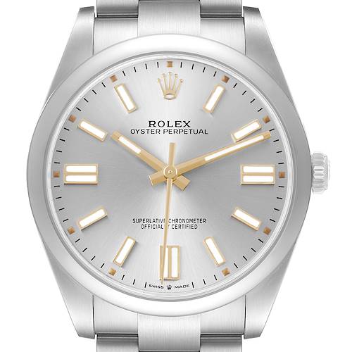 The Rolex Oyster Perpetual 124300 Men's Stainless Steel Silver Dial is shown from a front angle, focusing on the dial, hands, markers, and bezel.