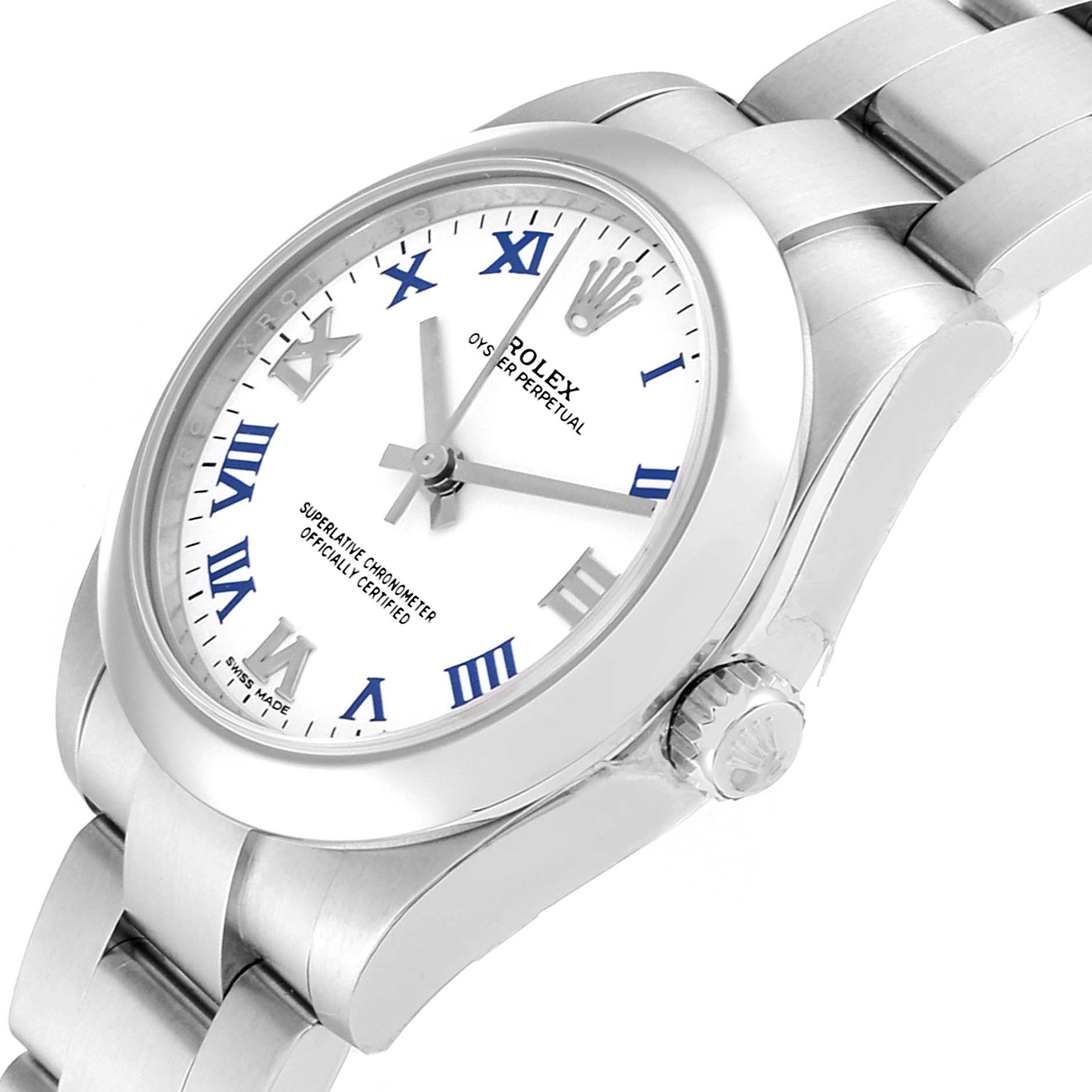 This image shows a Rolex Mid-Size 177200  Women
s Stainless Steel White Dial 177200  Women
s Stainless Steel White Dial watch angled to display the dial, crown, and part of the bracelet.