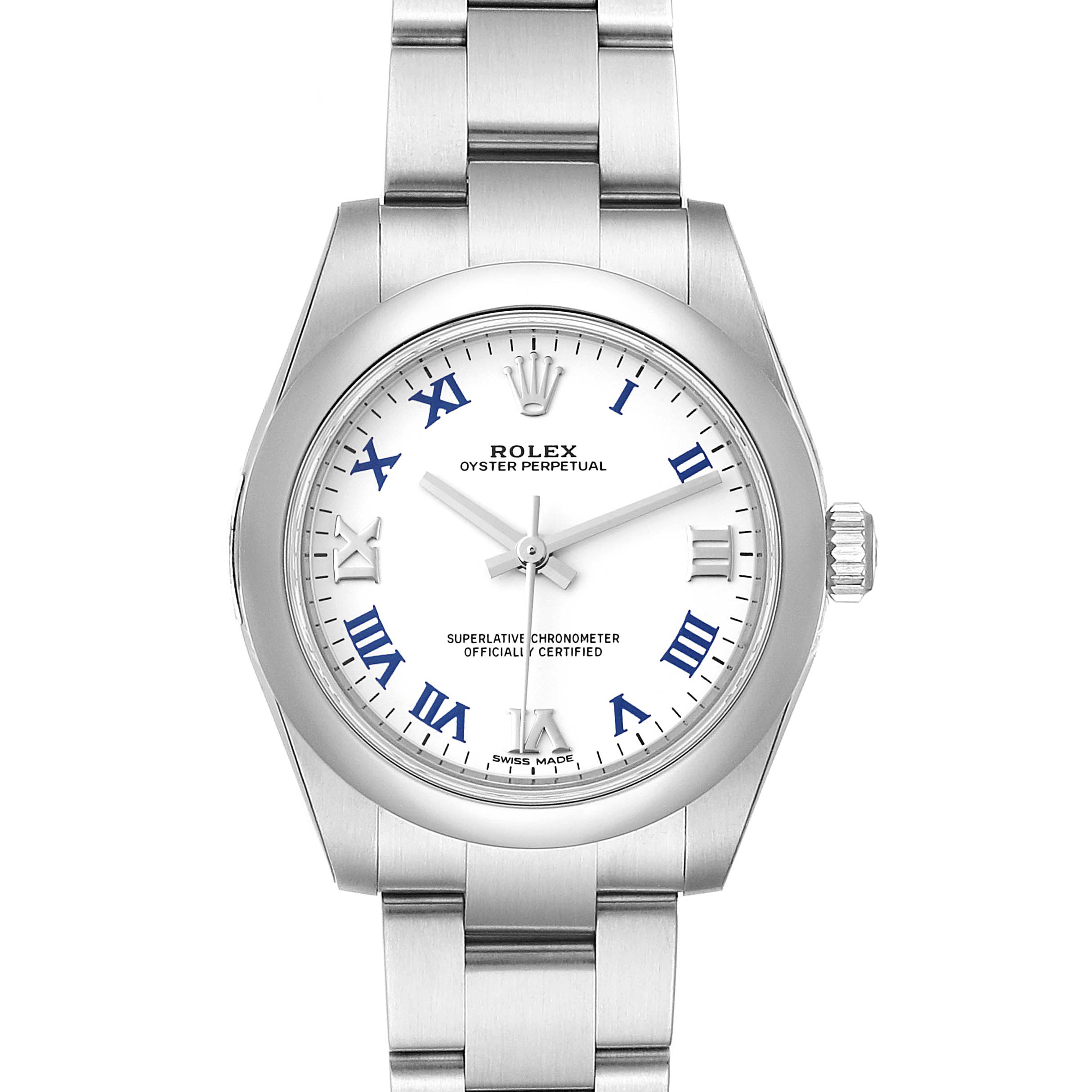 The Rolex Mid-Size 177200  Women
s Stainless Steel White Dial 177200  Women
s Stainless Steel White Dial Oyster Perpetual watch is shown from a front angle, displaying the face, bezel, and part of the bracelet.