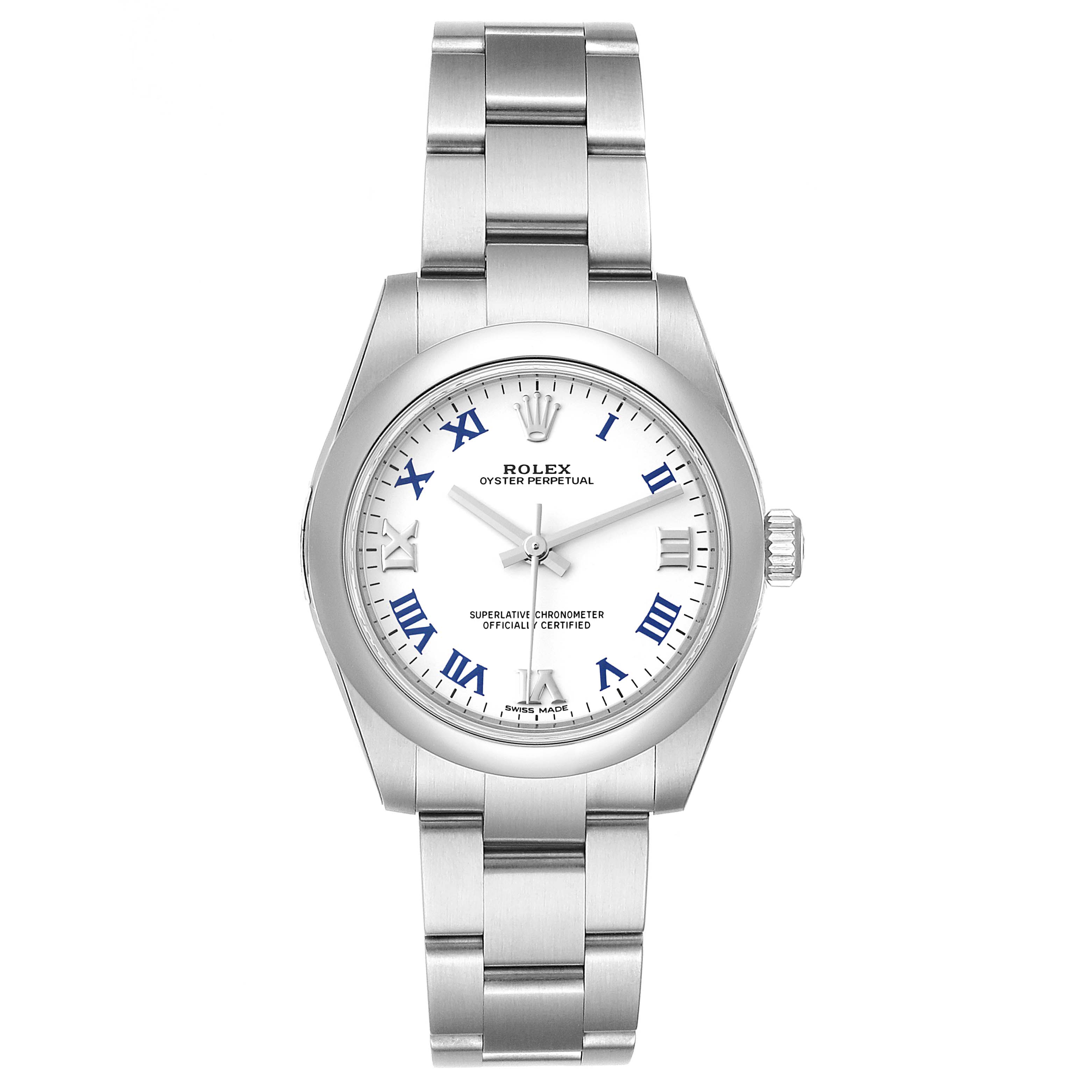 This is a front view of a Rolex Mid-Size 177200  Women
s Stainless Steel White Dial 177200  Women
s Stainless Steel White Dial Oyster Perpetual watch, showing the face, bezel, and bracelet.