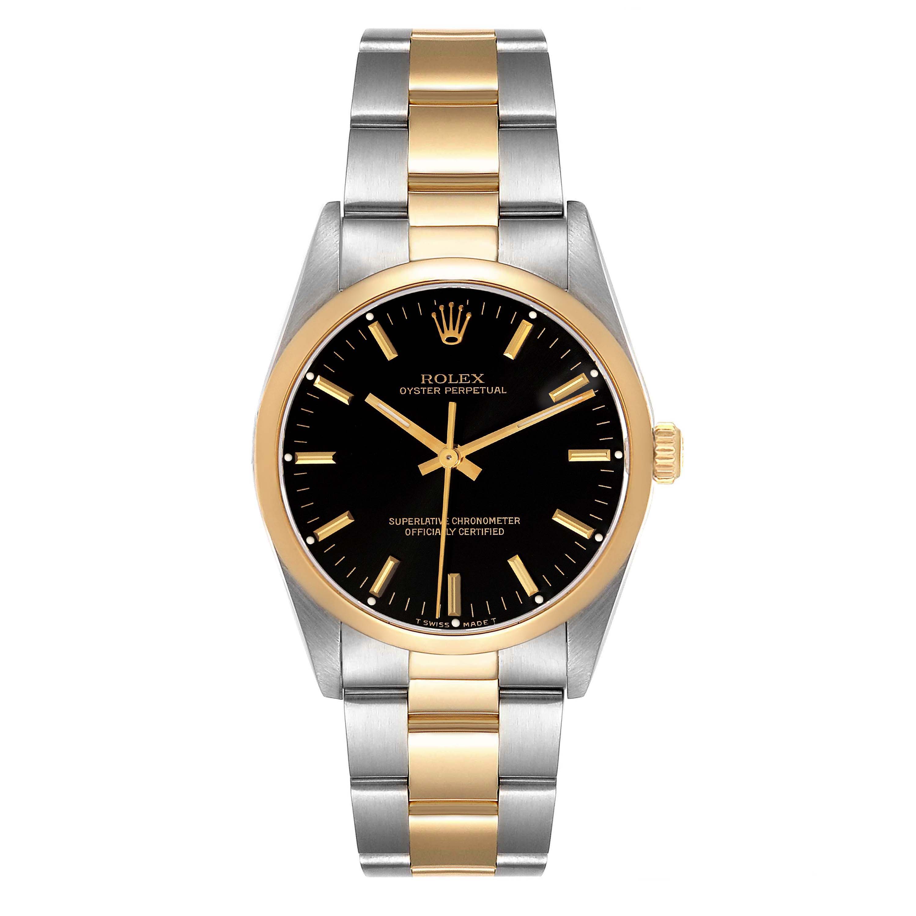 The image shows a front view of a Rolex Oyster Perpetual 14203 Men's Steel and Gold (two tone) Black Dial 14203 Men's Steel and Gold (two tone) Black Dial watch, highlighting its black dial, gold bezel, and two-tone bracelet.