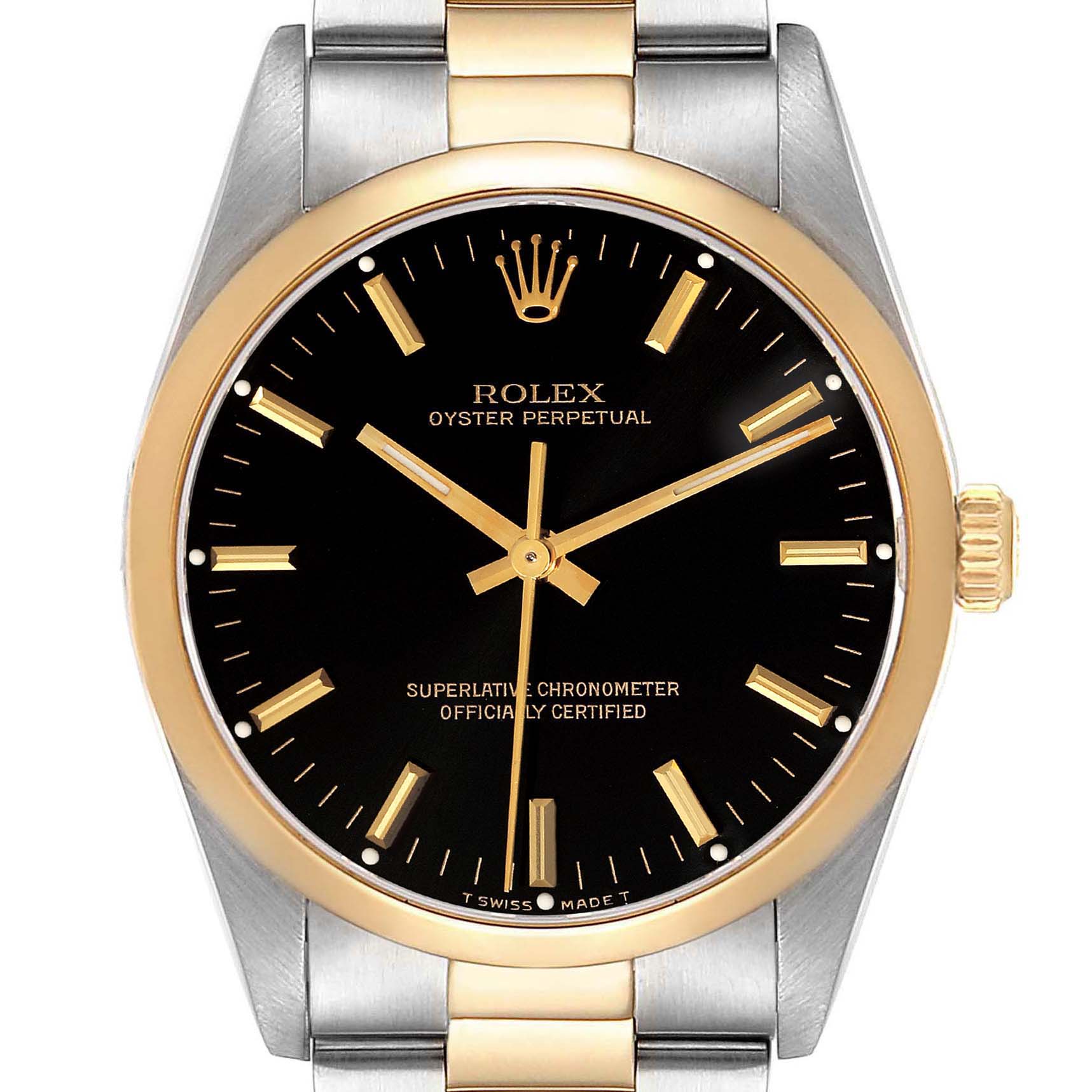 This image shows the Rolex Oyster Perpetual 14203 Men's Steel and Gold (two tone) Black Dial 14203 Men's Steel and Gold (two tone) Black Dial watch, displaying its face, bezel, crown, and part of its metal bracelet from a front angle.