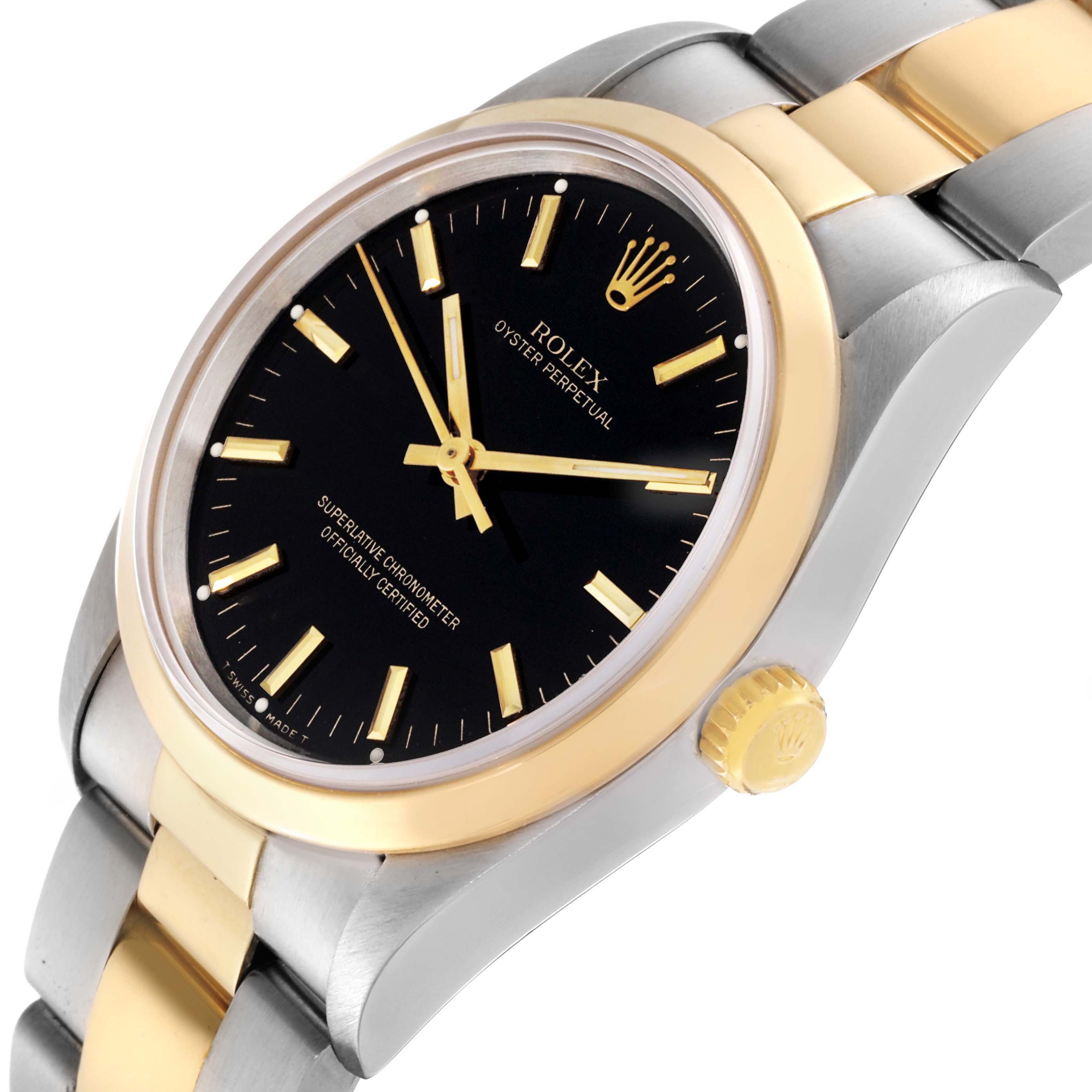 The image shows a Rolex Oyster Perpetual 14203 Men's Steel and Gold (two tone) Black Dial 14203 Men's Steel and Gold (two tone) Black Dial watch at an angle highlighting its black dial, gold bezel, and the two-tone metal bracelet.