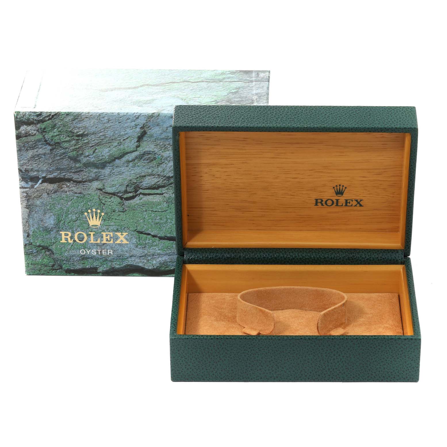 The image shows an open green Rolex Oyster Perpetual 14203 Men's Steel and Gold (two tone) Black Dial 14203 Men's Steel and Gold (two tone) Black Dial watch box and its outer packaging at a straight-on angle.