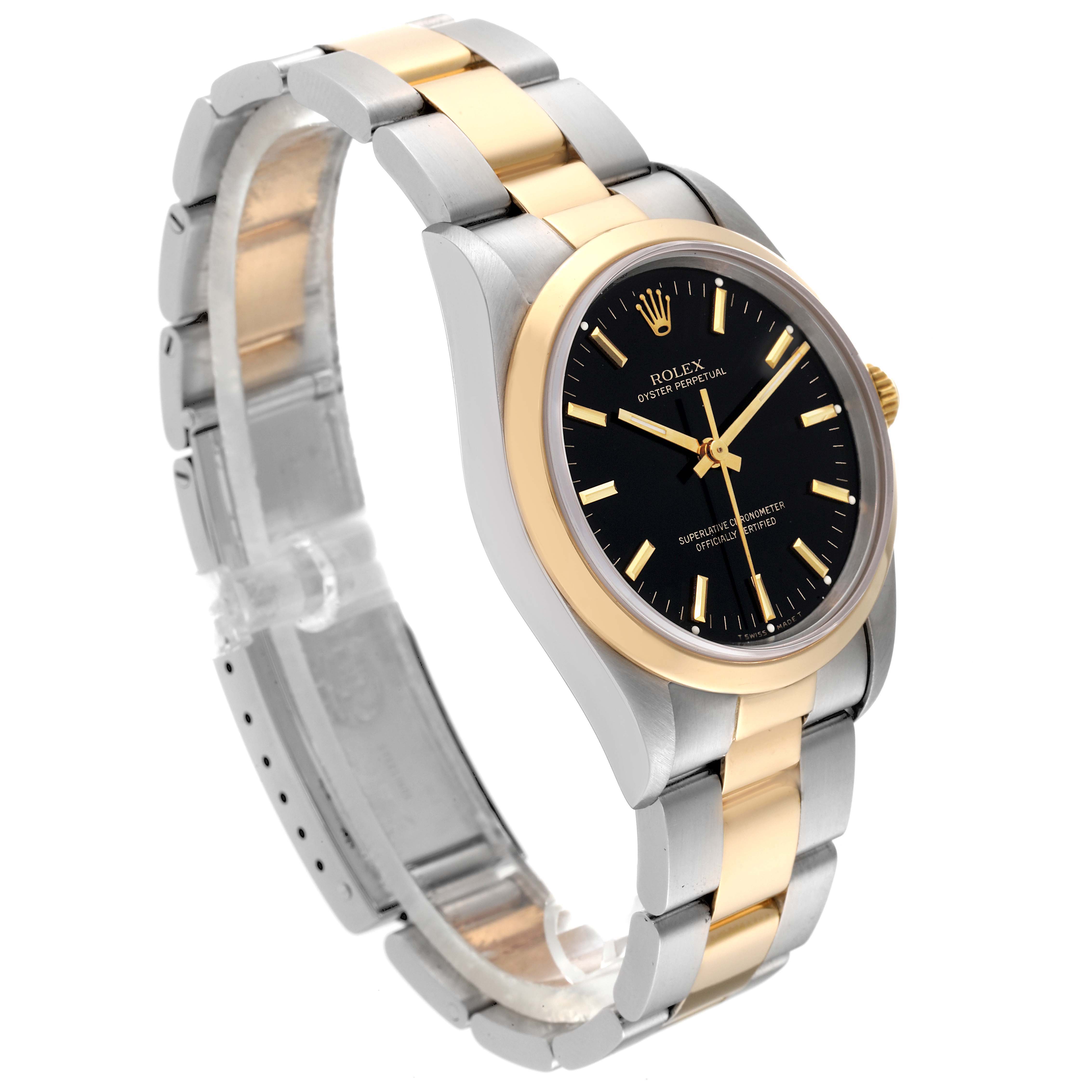 The Rolex Oyster Perpetual 14203 Men's Steel and Gold (two tone) Black Dial 14203 Men's Steel and Gold (two tone) Black Dial watch is shown at a three-quarter angle, highlighting its dual-tone band and black dial.