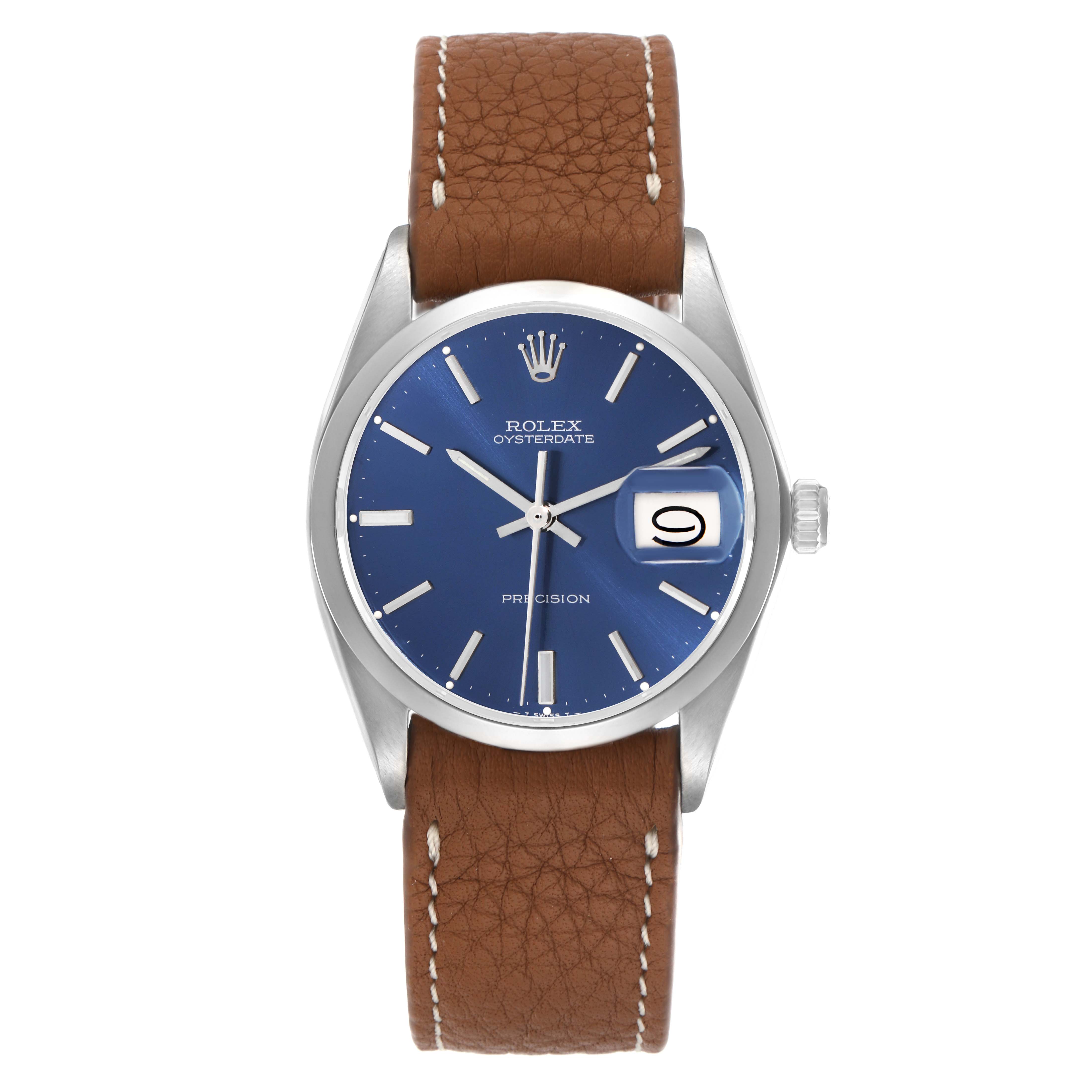 The Rolex Vintage Collection 6694 Men
s Stainless Steel Blue Dial 6694 Men
s Stainless Steel Blue Dial watch is shown from the front, displaying its blue dial, brown leather strap, and date window at 3 o
clock.