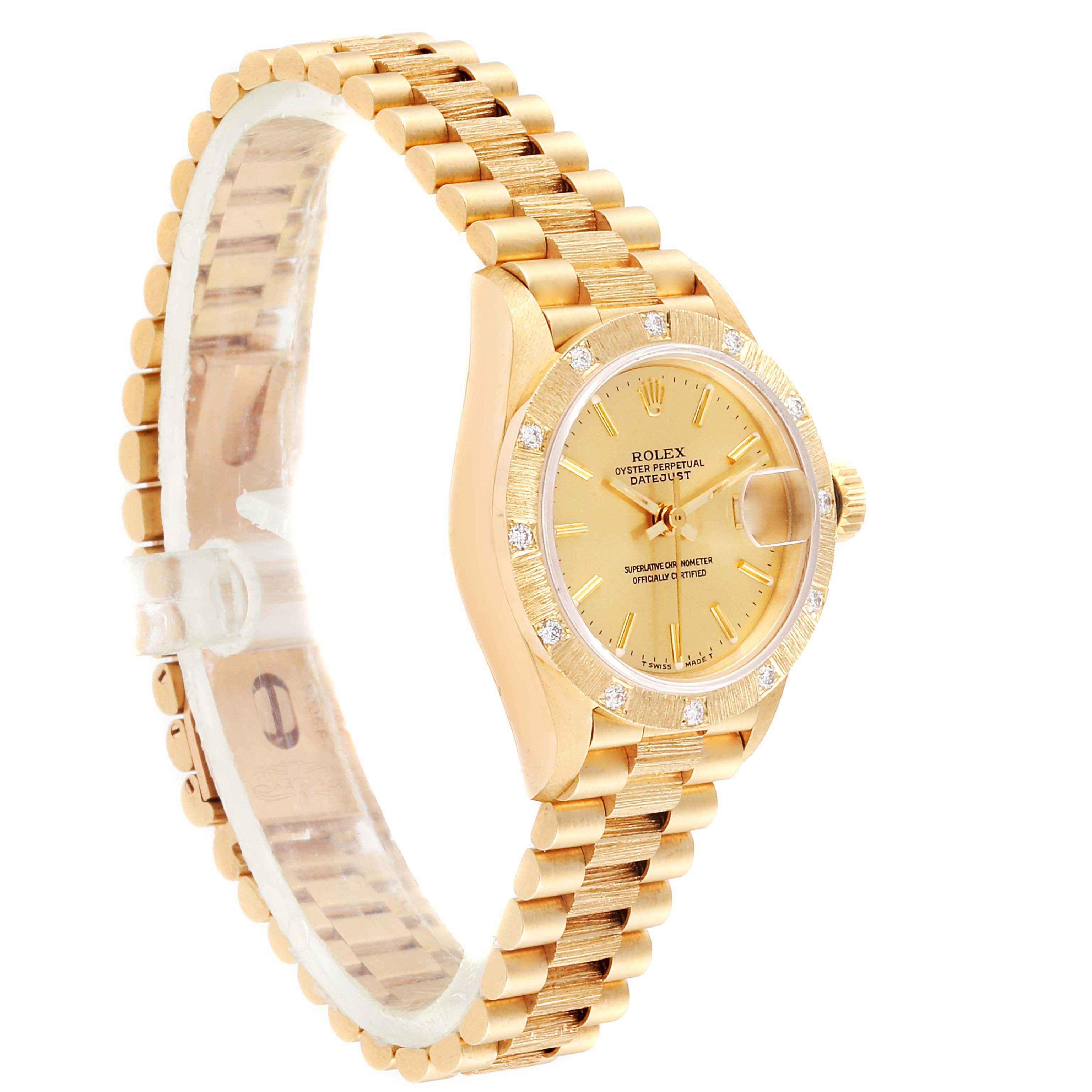 The image shows a side view of the Rolex President 69288 Women
s Yellow Gold Champagne Dial 69288 Women
s Yellow Gold Champagne Dial model with its gold bracelet, case, dial, and bezel.