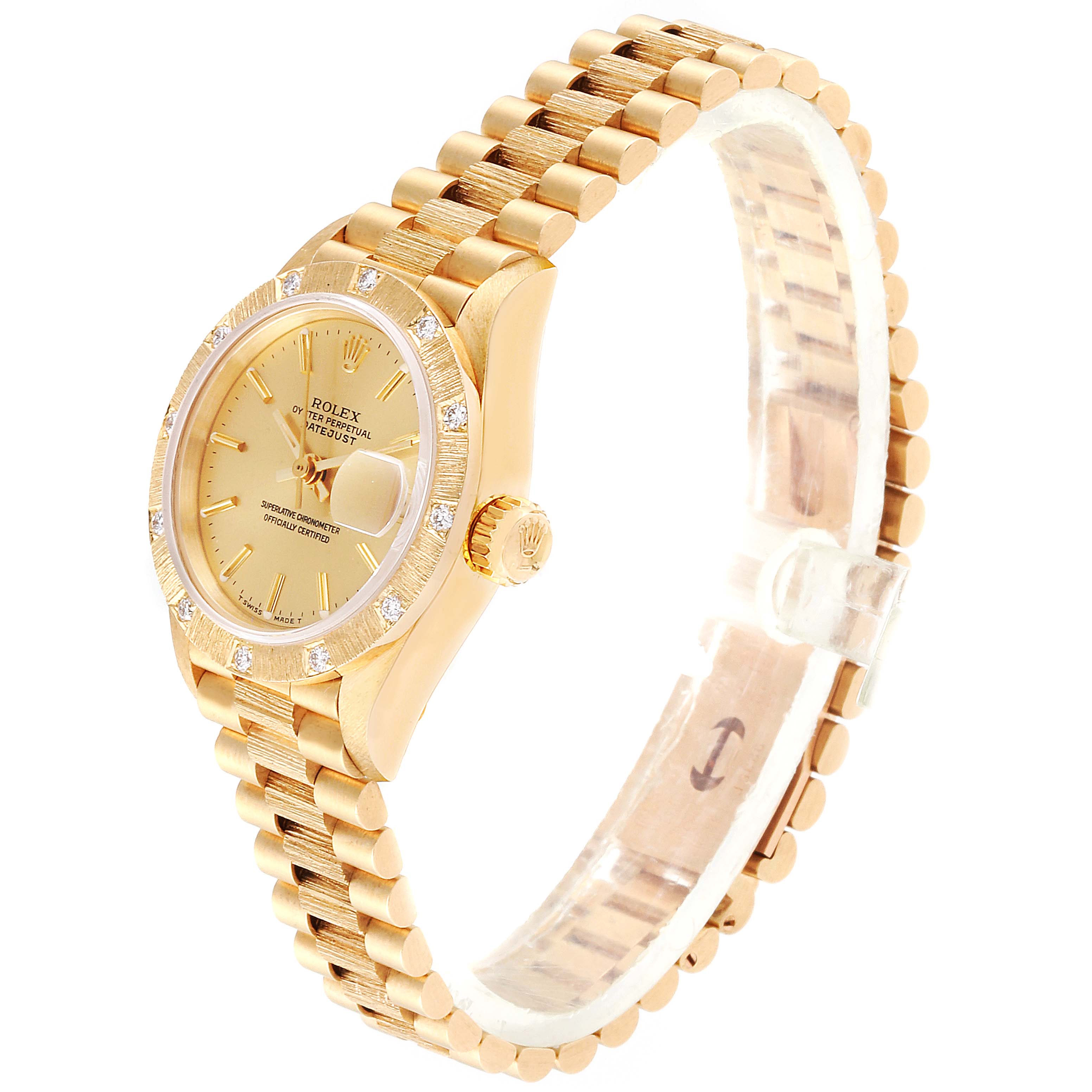 The Rolex President 69288 Women
s Yellow Gold Champagne Dial 69288 Women
s Yellow Gold Champagne Dial model watch is shown at a three-quarter angle, highlighting the dial, crown, and bracelet.