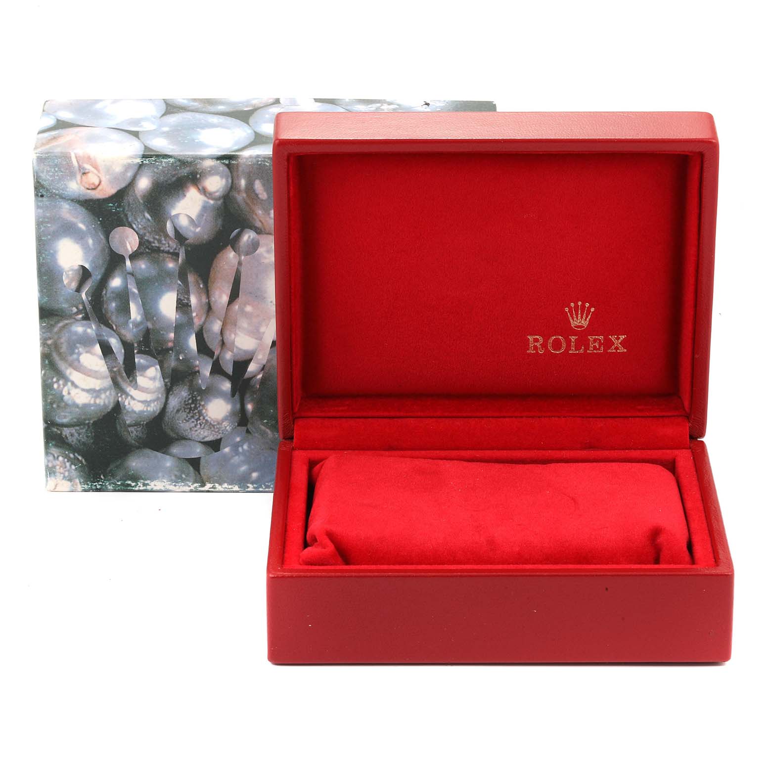This image shows an empty red Rolex watch box for the President model, with the brand logo inside the lid and an outer decorative sleeve.