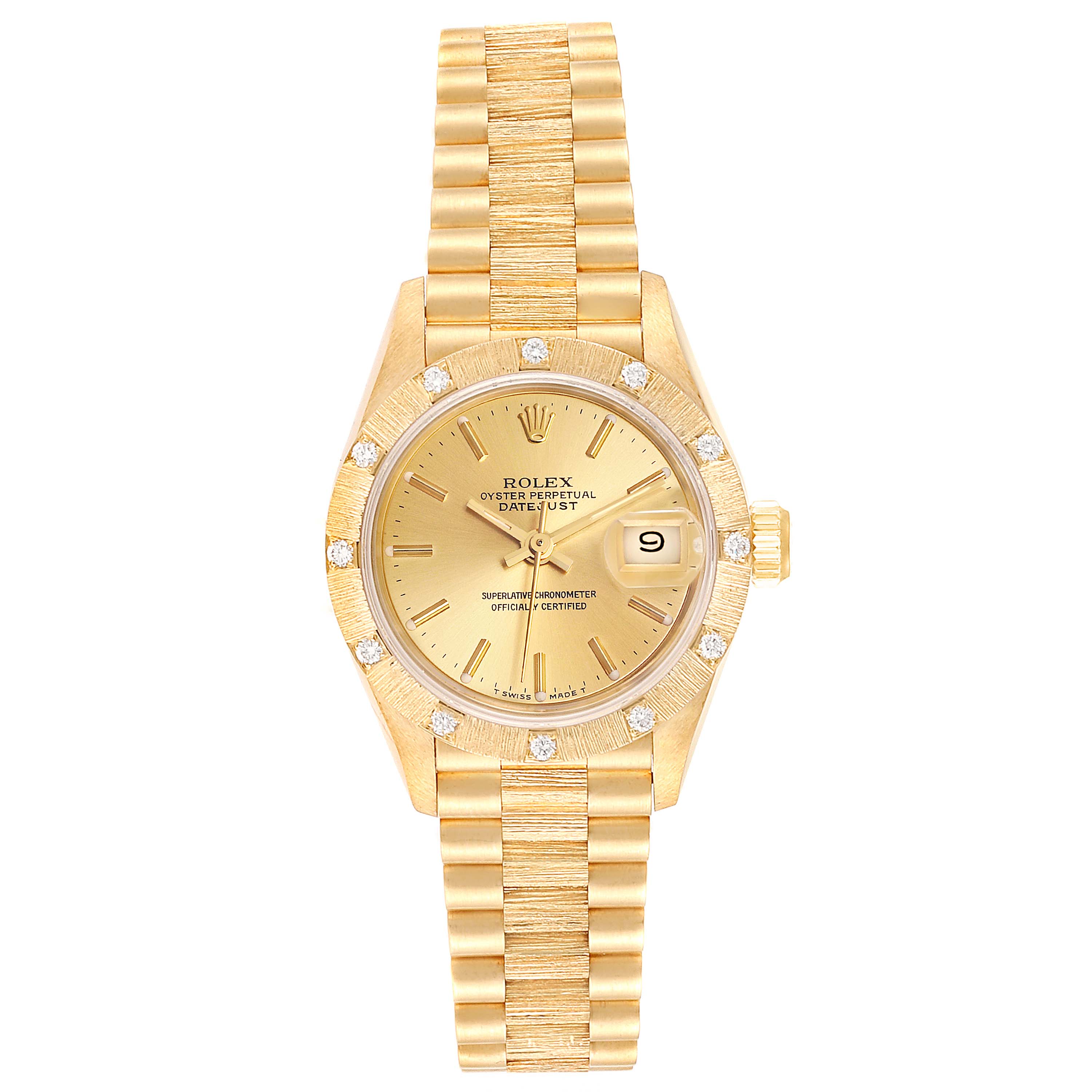 The image shows a front view of a Rolex President 69288 Women
s Yellow Gold Champagne Dial 69288 Women
s Yellow Gold Champagne Dial watch, highlighting the dial, bezel, and bracelet.