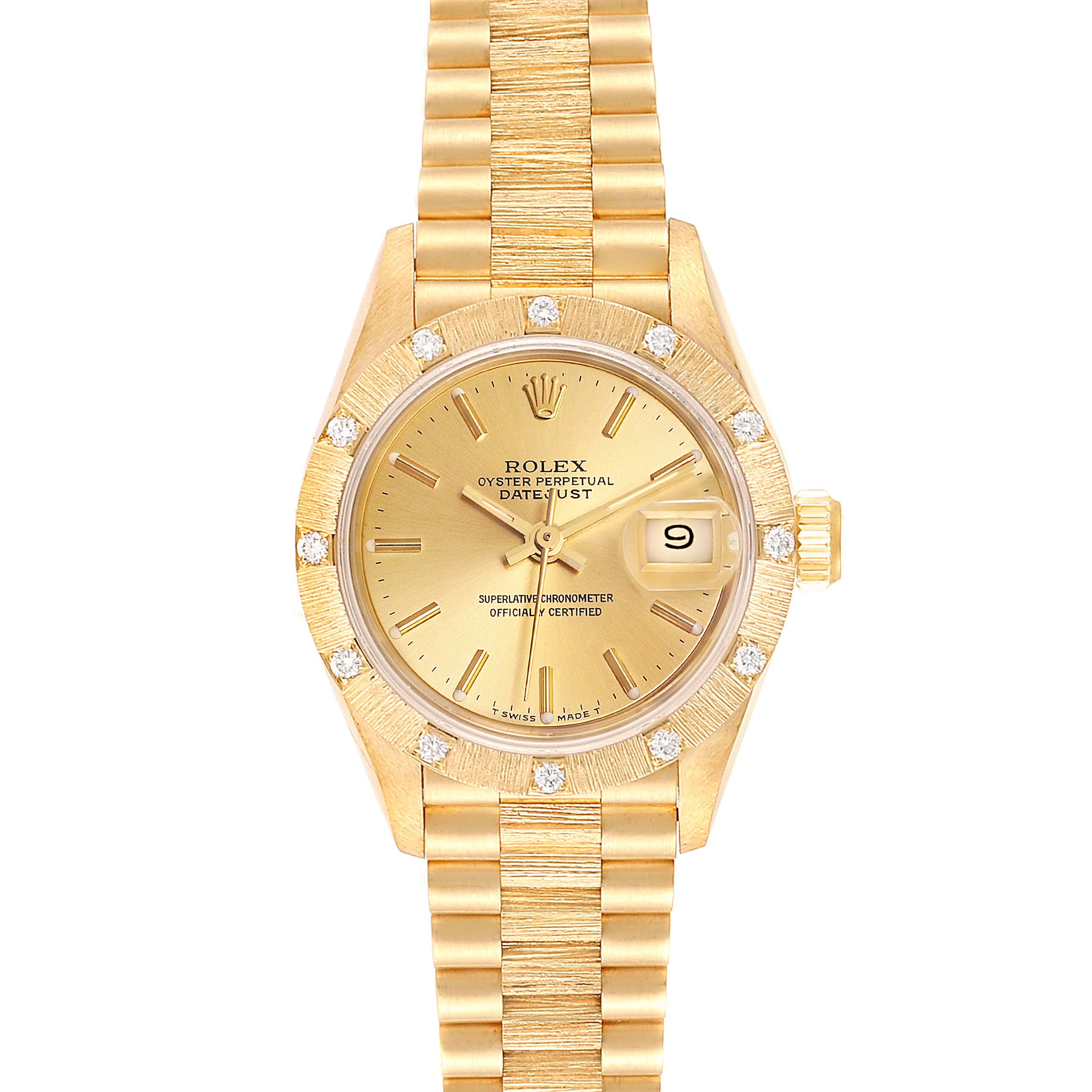 This image shows a Rolex President 69288 Women
s Yellow Gold Champagne Dial 69288 Women
s Yellow Gold Champagne Dial model watch from a front angle, highlighting its dial, bezel, and bracelet.