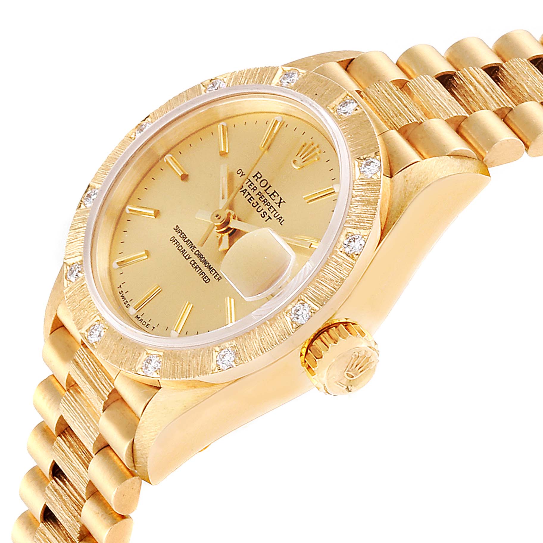 The image shows a close-up angled view of the Rolex President 69288 Women
s Yellow Gold Champagne Dial 69288 Women
s Yellow Gold Champagne Dial model watch, highlighting its bezel, dial, crown, and bracelet.