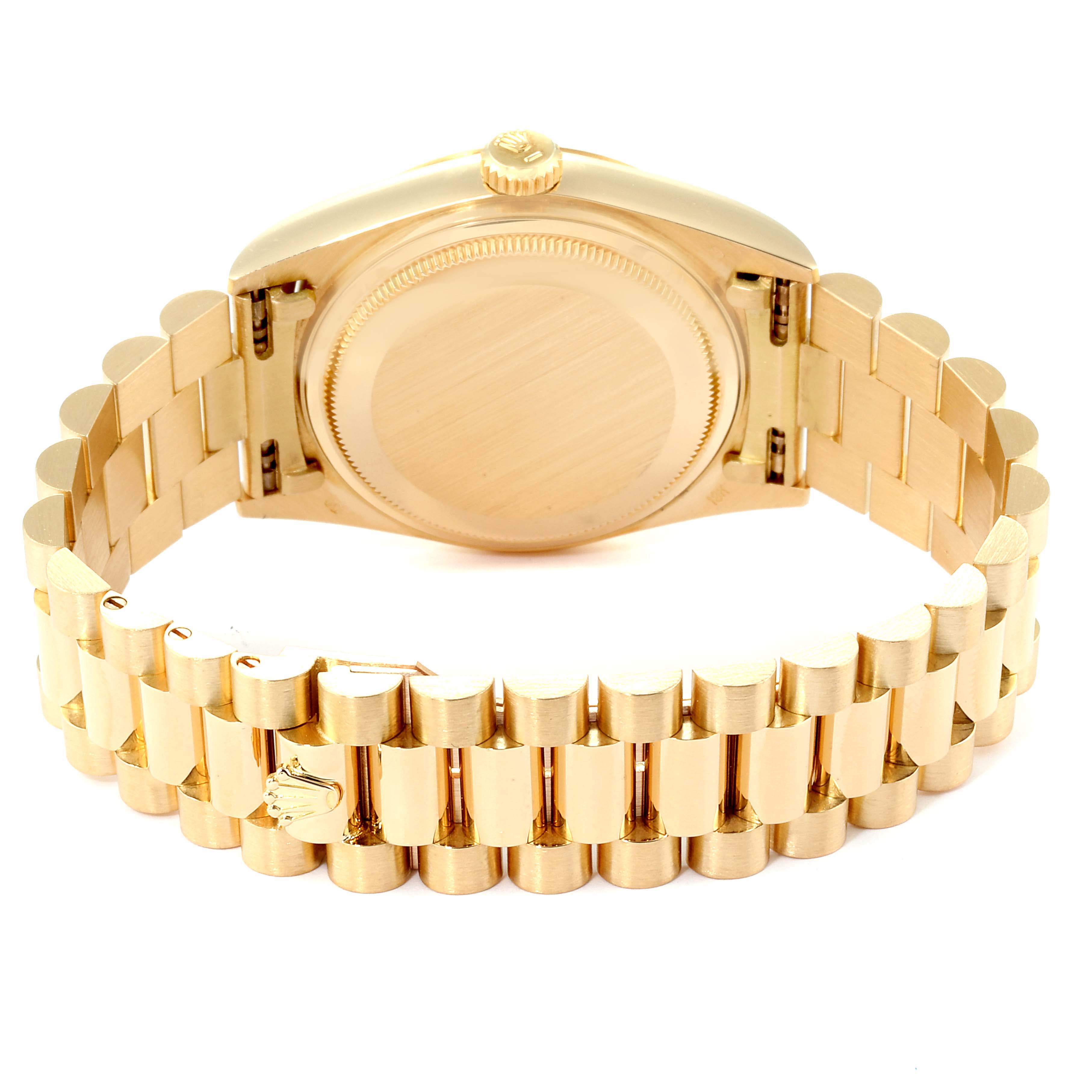 This image shows the back and bracelet of a Rolex President 18038 Men's Yellow Gold Champagne Dial 18038 Men's Yellow Gold Champagne Dial model watch from a rear angle.