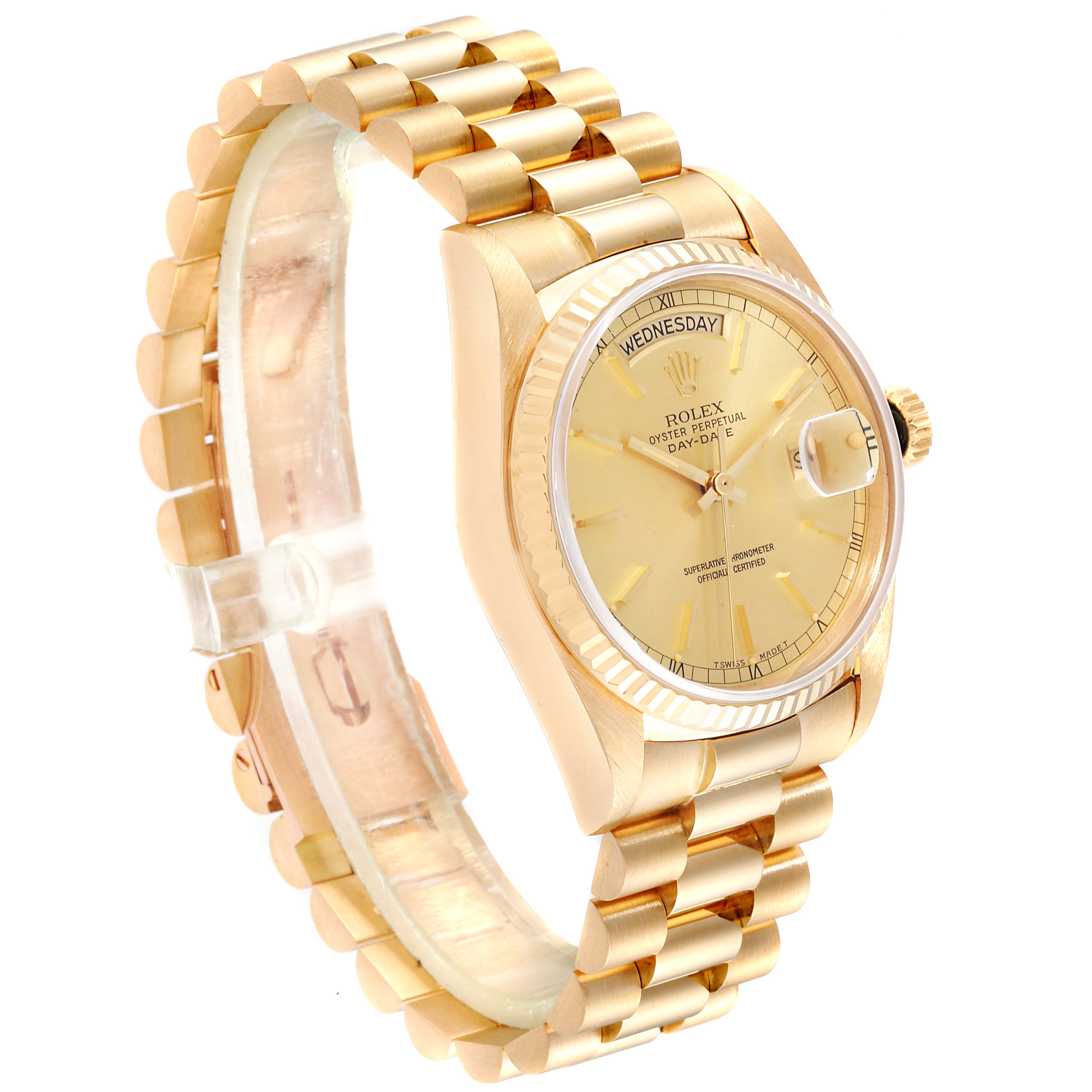 The Rolex President 18038 Men's Yellow Gold Champagne Dial 18038 Men's Yellow Gold Champagne Dial model watch is shown at a 3/4 angle, displaying the face, bezel, crown, and bracelet.